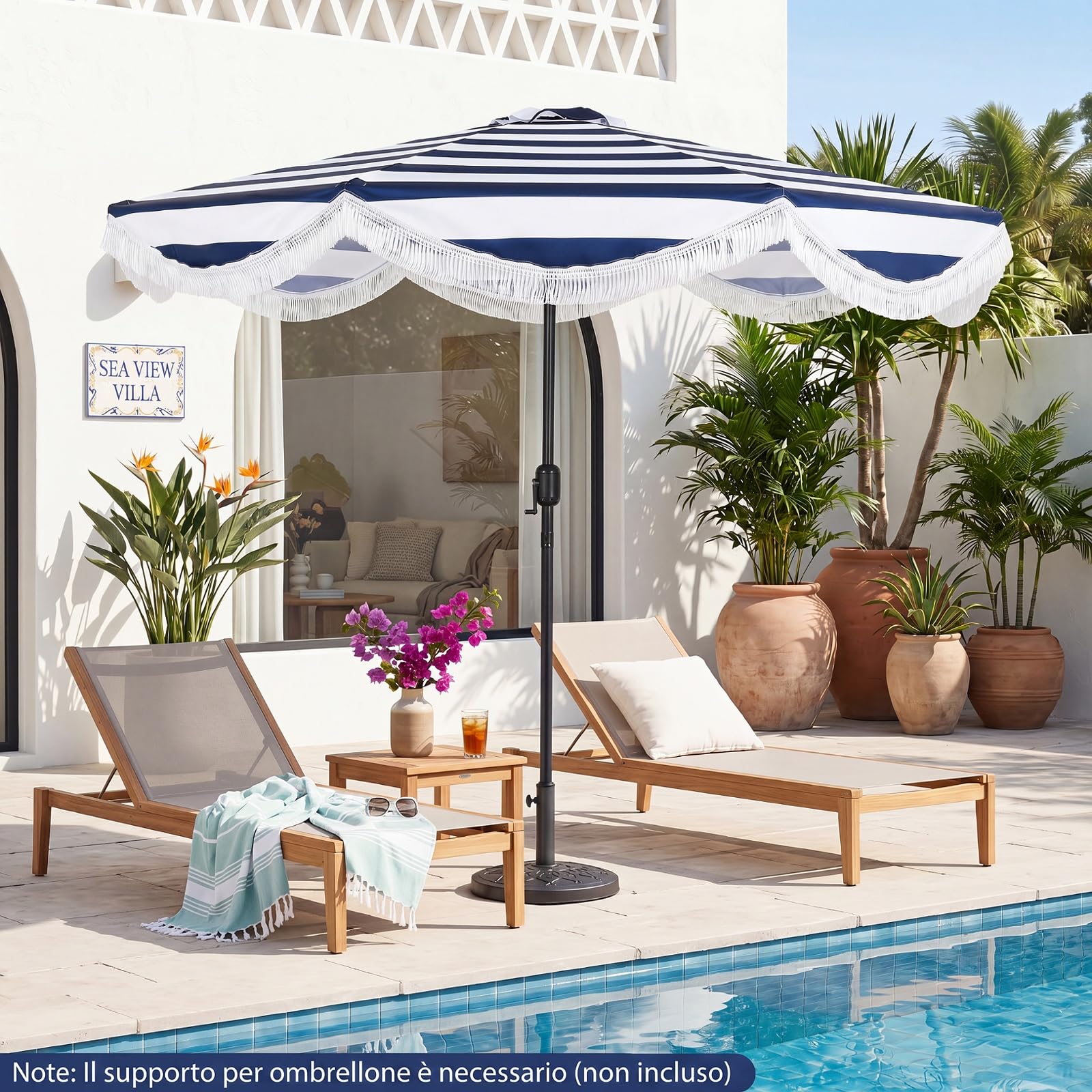 COSTWAY Ombrellone da Giardino 270 cm con Inclinazione 30° e Manovella | Ombrellone da Spiaggia Decorazione a Frangia, 8 Stecche, Protezione Solare, per Spiaggia, Terrazzo e Piscina