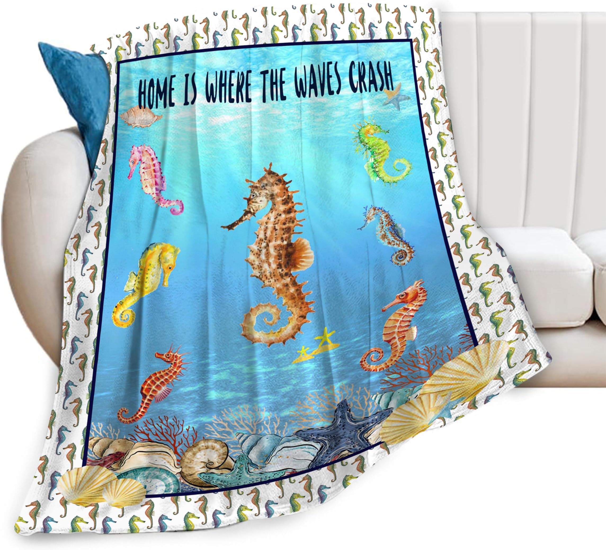 Sea Horse Throw Blanket Ocean Animal Sea Life Decor Seahorse Lover Gifts Nautical Plush Warm Flannel Soft Cozy Lightweight Fleece Blanket All Season for Girls Boys Kids Adults Bed Sofa Office 40"X50"