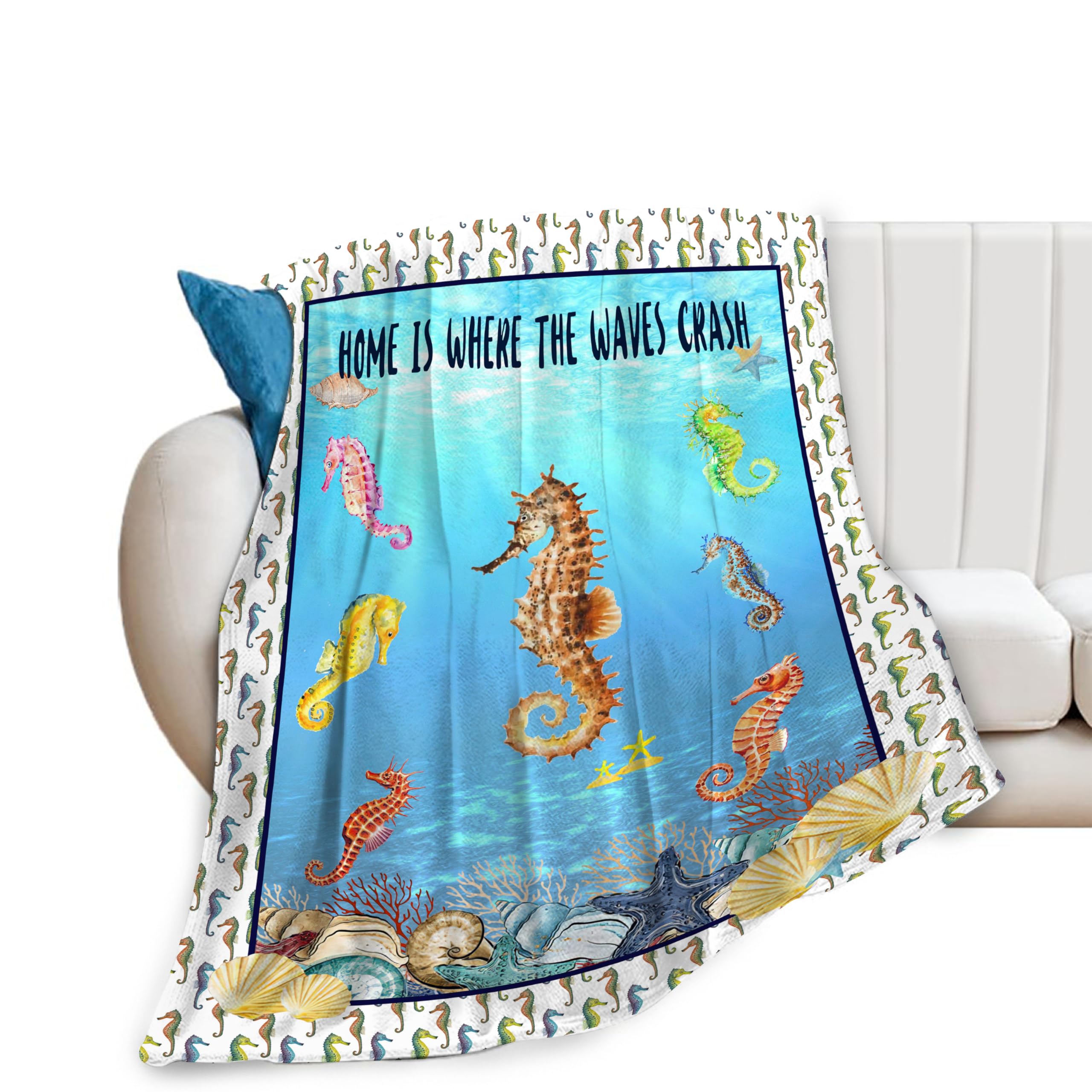 Sea Horse Throw Blanket Ocean Animal Sea Life Decor Seahorse Lover Gifts Nautical Plush Warm Flannel Soft Cozy Lightweight Fleece Blanket All Season for Girls Boys Kids Adults Bed Sofa Office 40"X50"