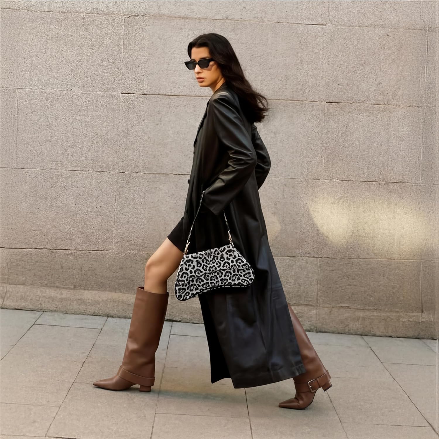 Knee High Boots Women Fold Over Chunky High Heel Wide Calf Pointed Toe Boots Belt Buckle Fall Long Boot for Women - Image 6