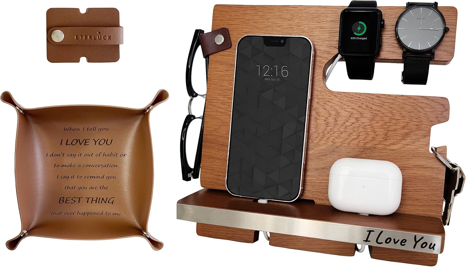 Eterluck Engraved Docking Station Organizer Bundle With a Valet Tray and Earphone Holder - I Love You Gifts for Him, Love Gifts for Him, Engraved Gifts for Men, Gifts for Boyfriend, Gifts for Husband