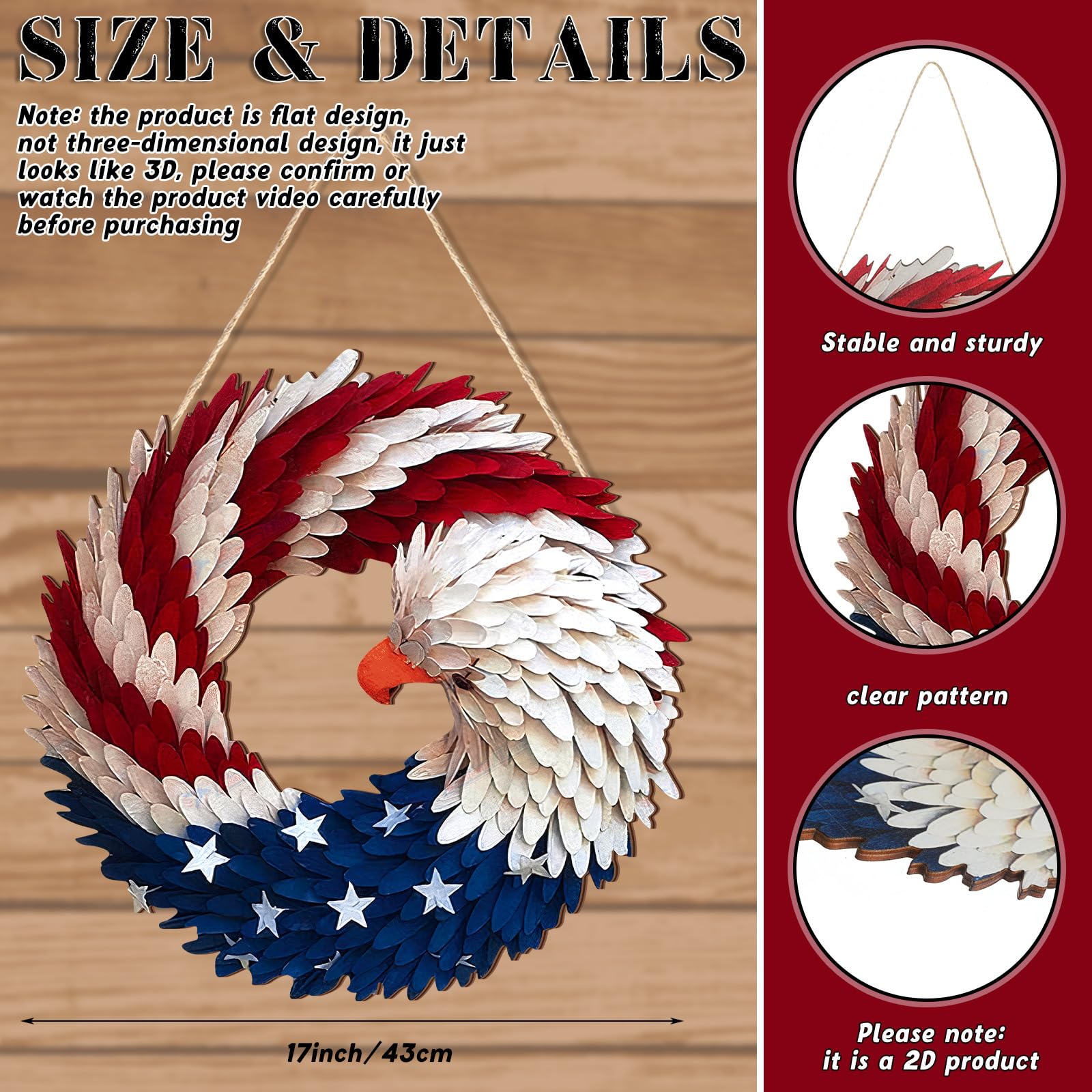 Happy 4th Of July Wooden Sign - Patriotic American Flag Wreath Wall Decor, 11.4x11.4 Inch - View #3