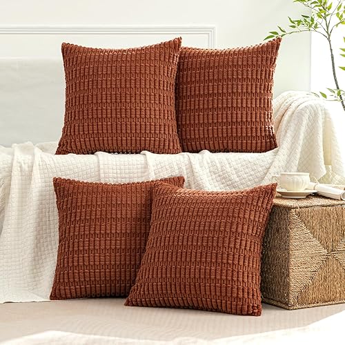 MIULEE Fall Pack of 4 Dark Rust Corduroy Decorative Throw Pillow Covers 20x20 Inch Soft Boho Striped Pillow Covers Modern Farmhouse Home Decor for Sofa Living Room Couch Bed