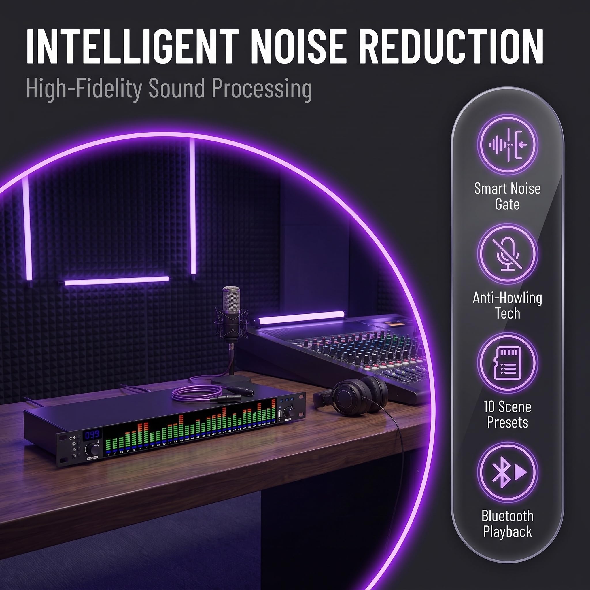 Ecualizador Gráfico Digital De 31 Bandas, Procesador De Audio, Montaje En Rack De 1u, con Bluetooth Y Entrada USB, Pantalla Led De Espectro, Reducción De Ruido Inteligente