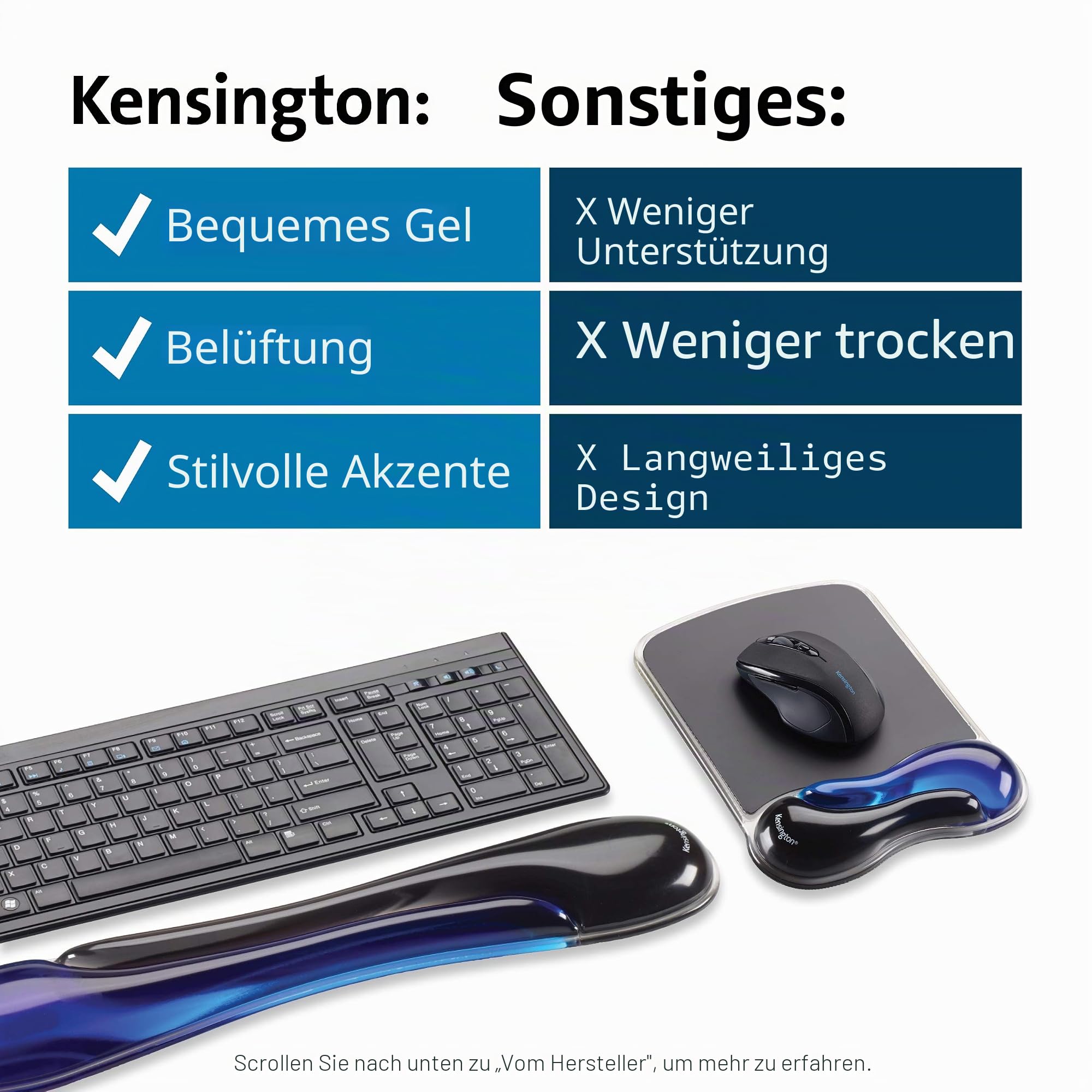 Kensington Duo Gel Keyboard Wrist Rest, Blue | Ergonomic Gel Cushioning, Non-Slip Base, Pairs Keyboard and Mouse Wrist Support, Cooling Comfort, Table | Ergonomische Gel-Dämpfung, rutschfeste Unterseite, paarweise Tastatur- und Maus-Handgelenkstütze, kühl