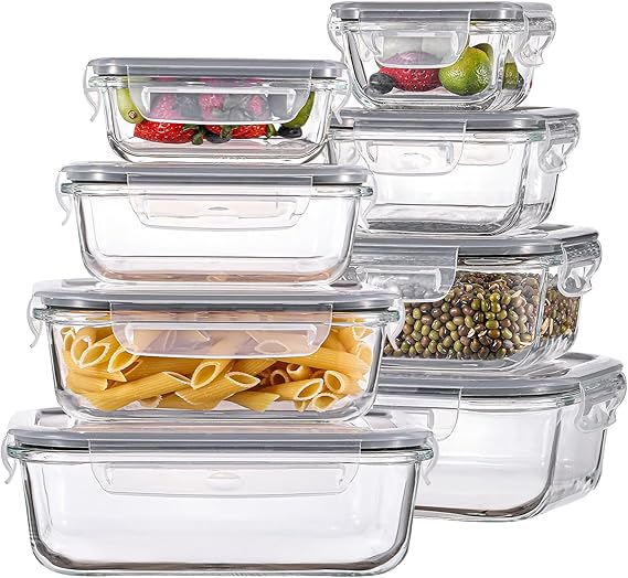 HOMBERKING 8 Pack Glass Food Storage Containers with Lids, Meal Prep Containers, Airtight Bento Boxes with Leak Proof Locking for Microwave, Oven, Freezer and Dishwasher, BPA Free, 5-35oz