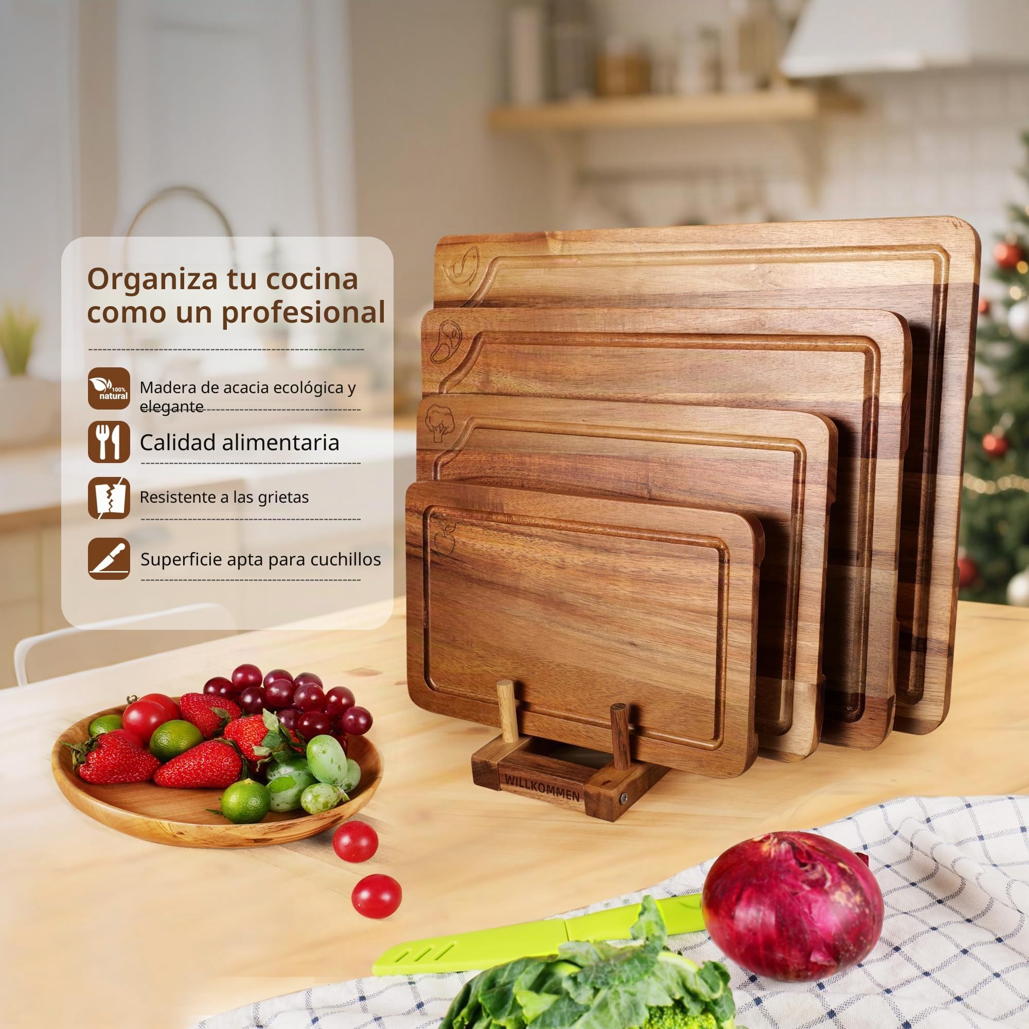 WILLKOMMEN Juego de 4 Tablas de Cortar Acacia para Cocina - Madera Maciza con Canal Antiderrames - Ideal para Charcutería, Corte Sin Esfuerzo Carne/Vegetales/Pan