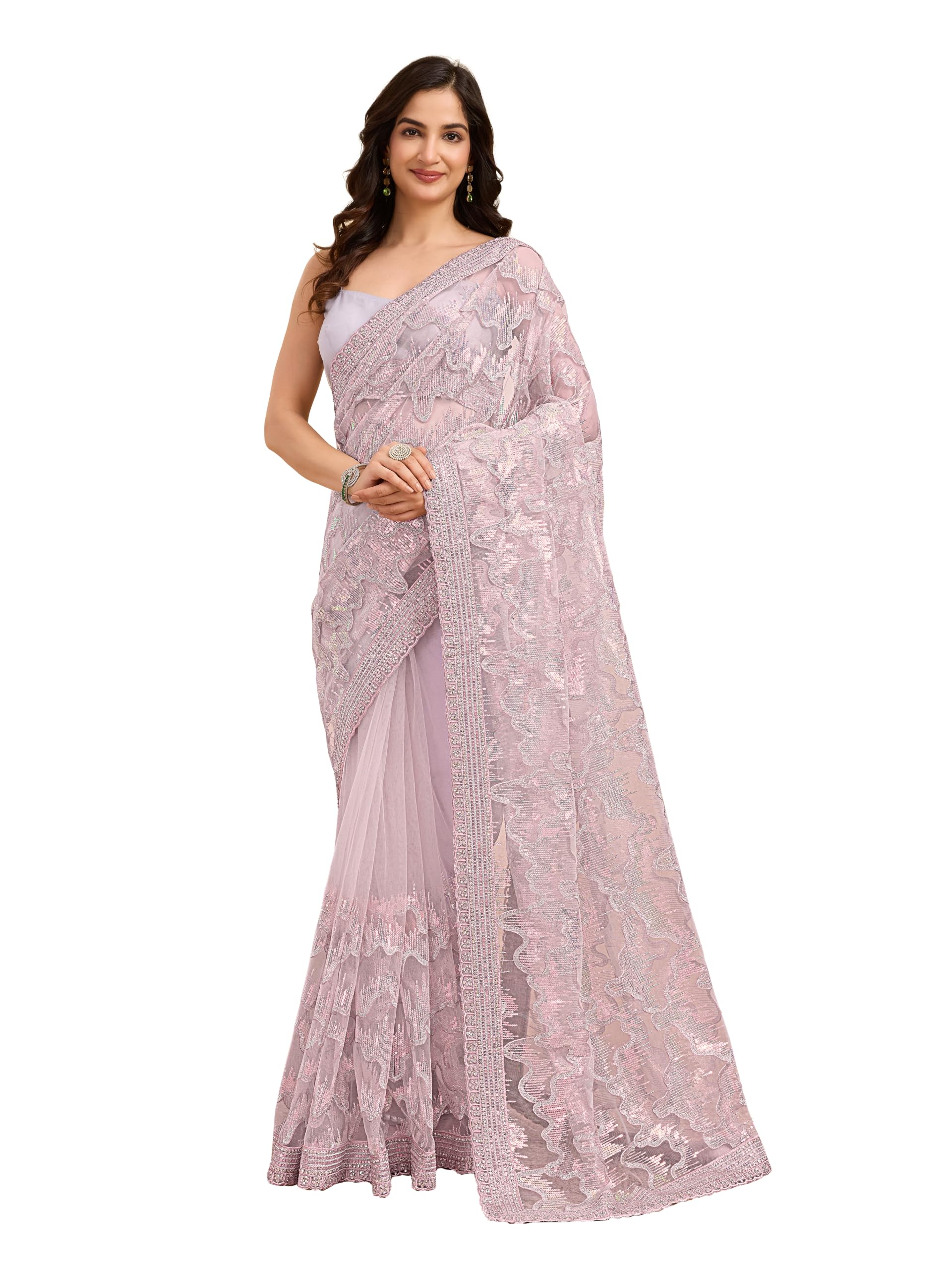 trendmalls Women's Net Sequin Embroidery Zarkan Work Saree with Unstitch Blouse Piece-picture-19