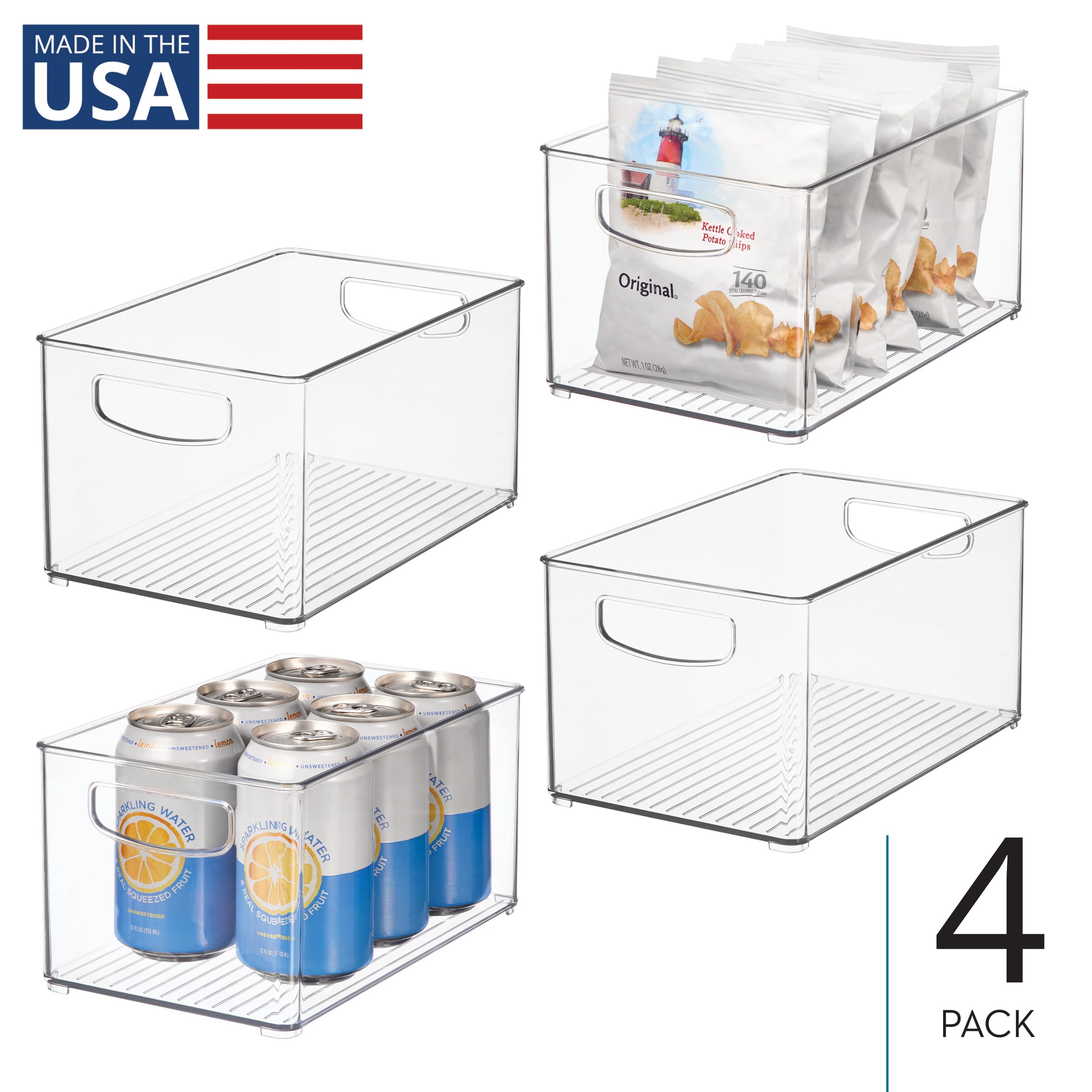 InterDesign iDesign - Contenedor apilable de plástico para despensa, organizador con asas para armarios o nevera, juego de 4, transparente