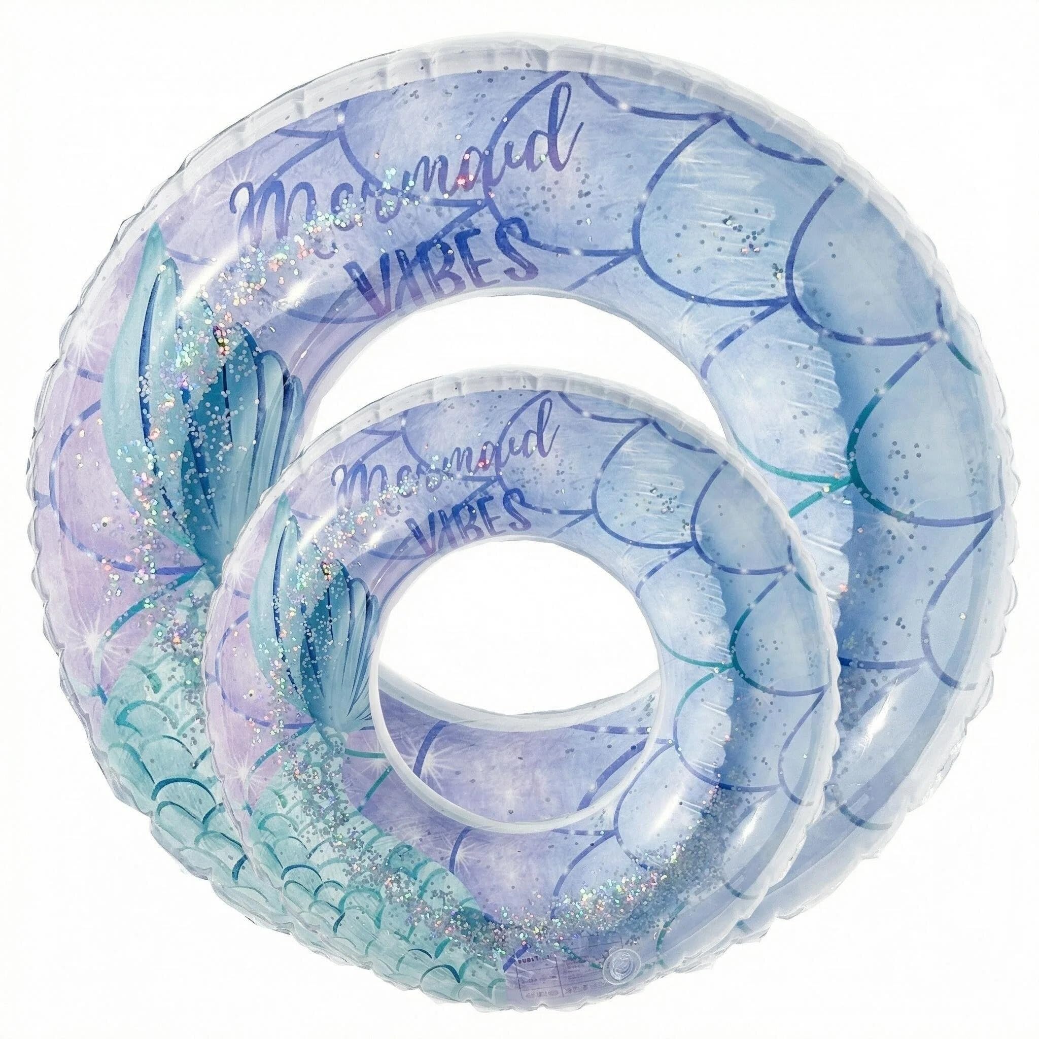 2 Pack Inflatable Swimming Ring Set for Kids & Adults, Durable PVC Swim Rings, Leak-proof Inflatable Pool Ring, Summer Water Pool Toys, Blow-Up Swimming Pool Rings for Swimming (Blue Mermaid)