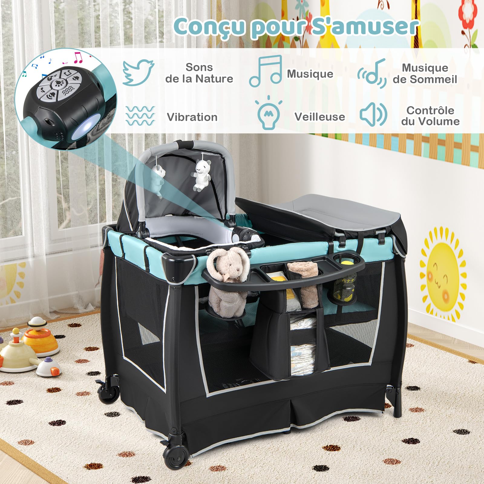 COSTWAY 6 en 1 Lit Parapluie Bébé avec Matelas & Table à Langer, Lit Bébé Evolutif avec Auvent Réglable & 2 Jouets, Musique et Sac de Transport, Berceau pour Bébé de 0-3 Ans