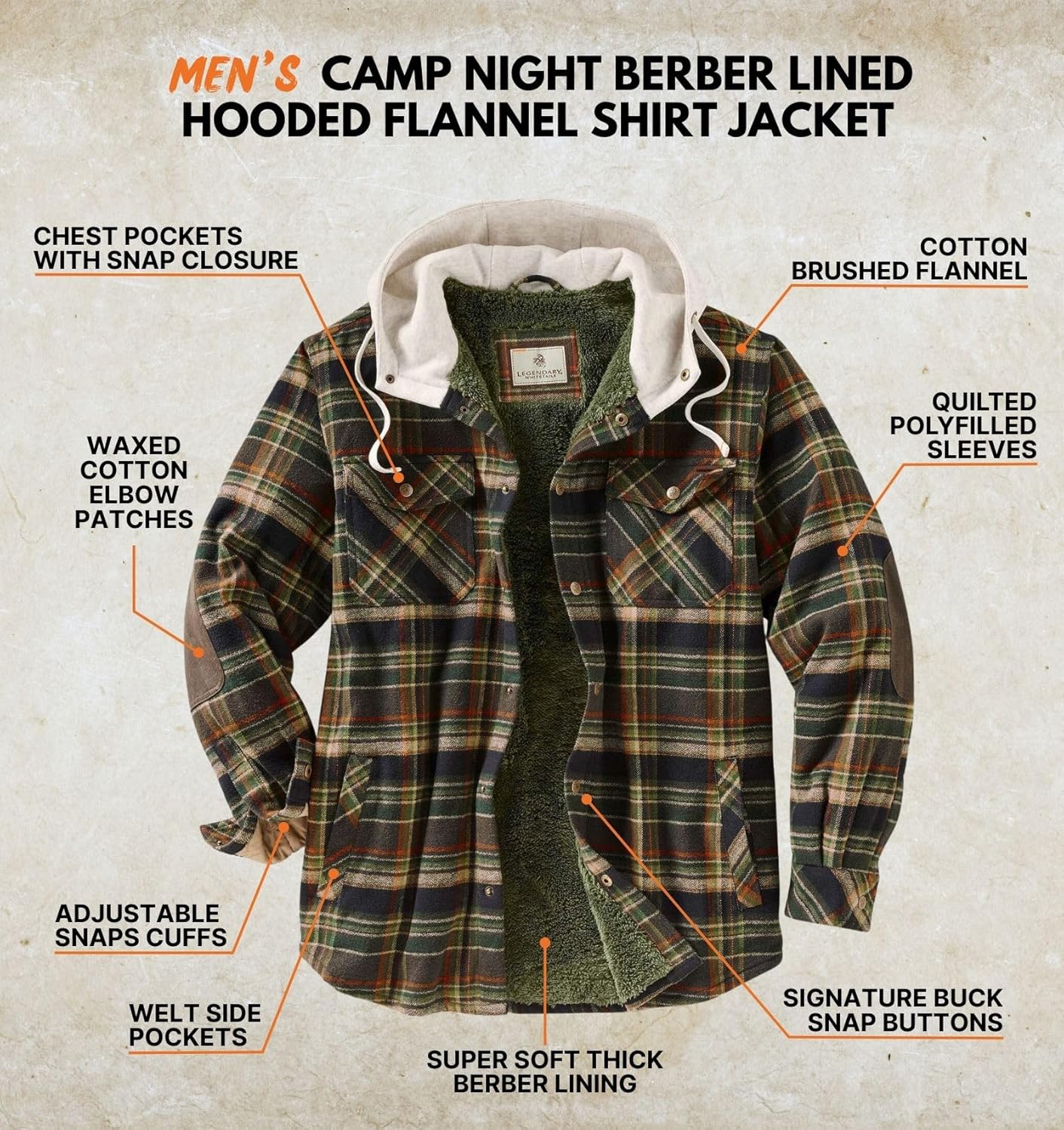 Legendary Whitetails Men's Hooded Shirt Jacket Plaid Flannel Berber Lined Polyfill Insulated - Image 3