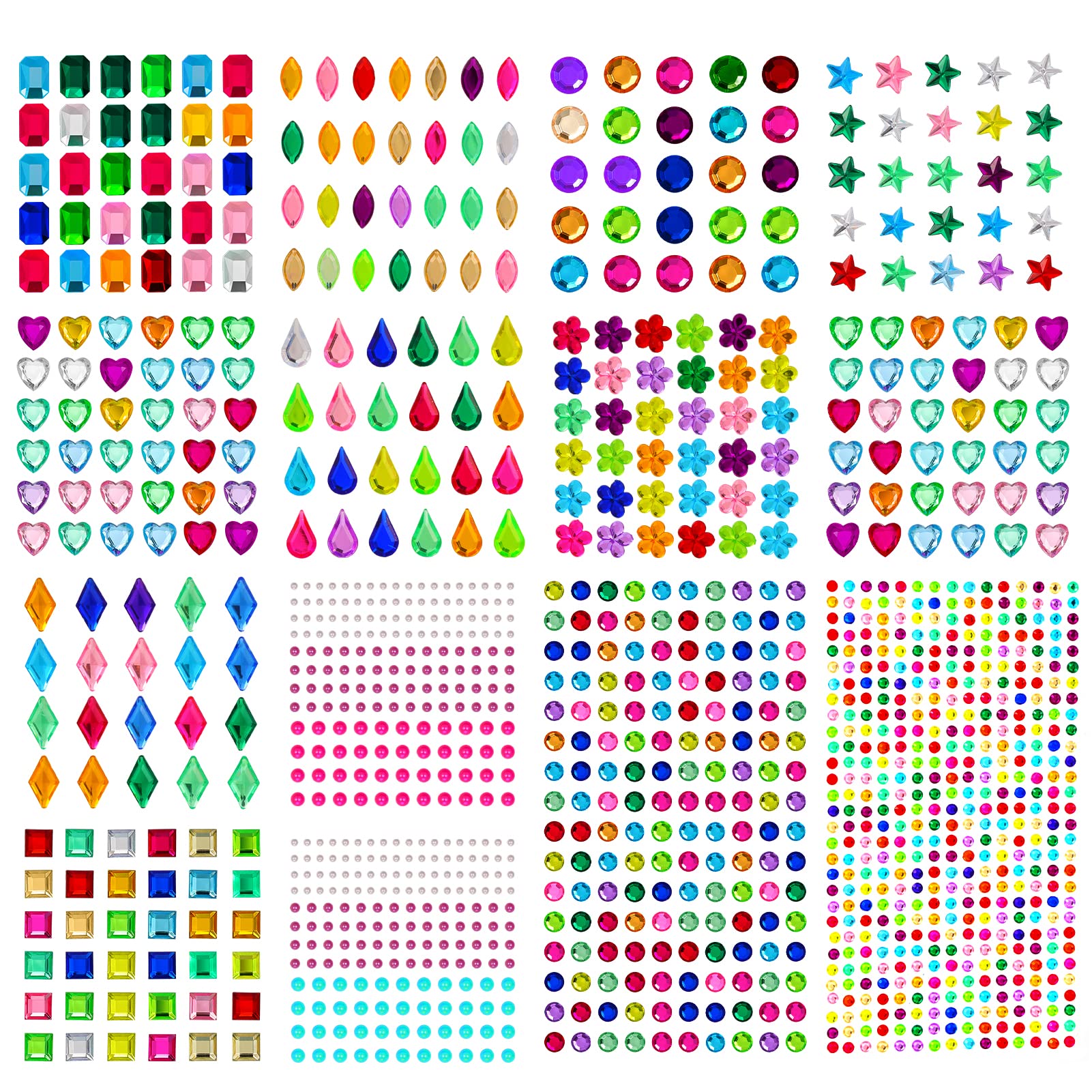 Fuyamp Gem Stickers for Crafts, 17 Sheets 1880 Pcs Self Adhesive Rhinestone Stickers 12 Shapes Multicoloured Bling Jewels Stickers for DIY Body Makeup Cards Nail Festival Decorations