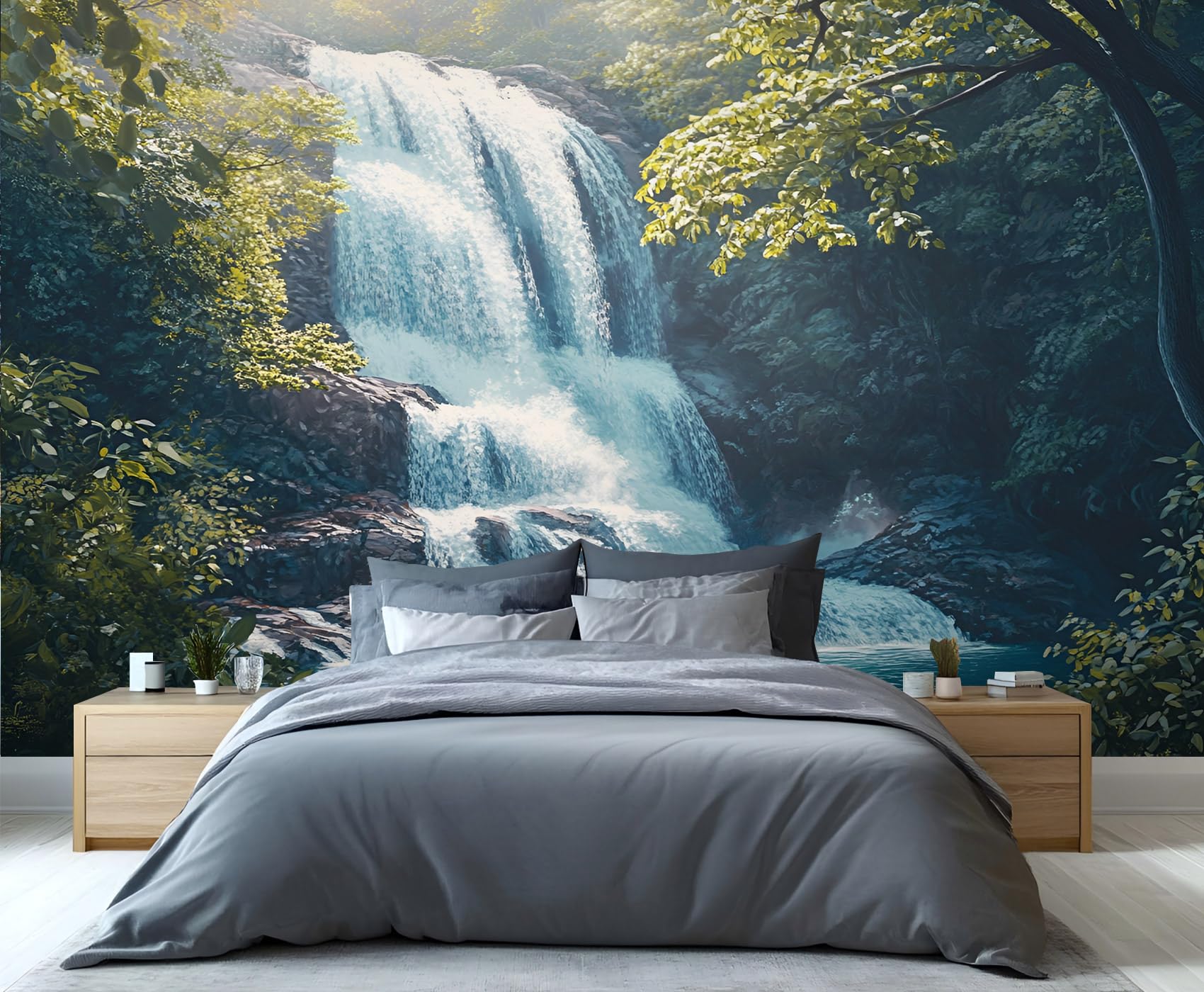 YXQAIED Waterfall Wall Mural, Retro Forest Custom Wallpaper, Nature Landscape Wallpaper for Bedroom Living Room Home Decor (Not Peel and Stick)