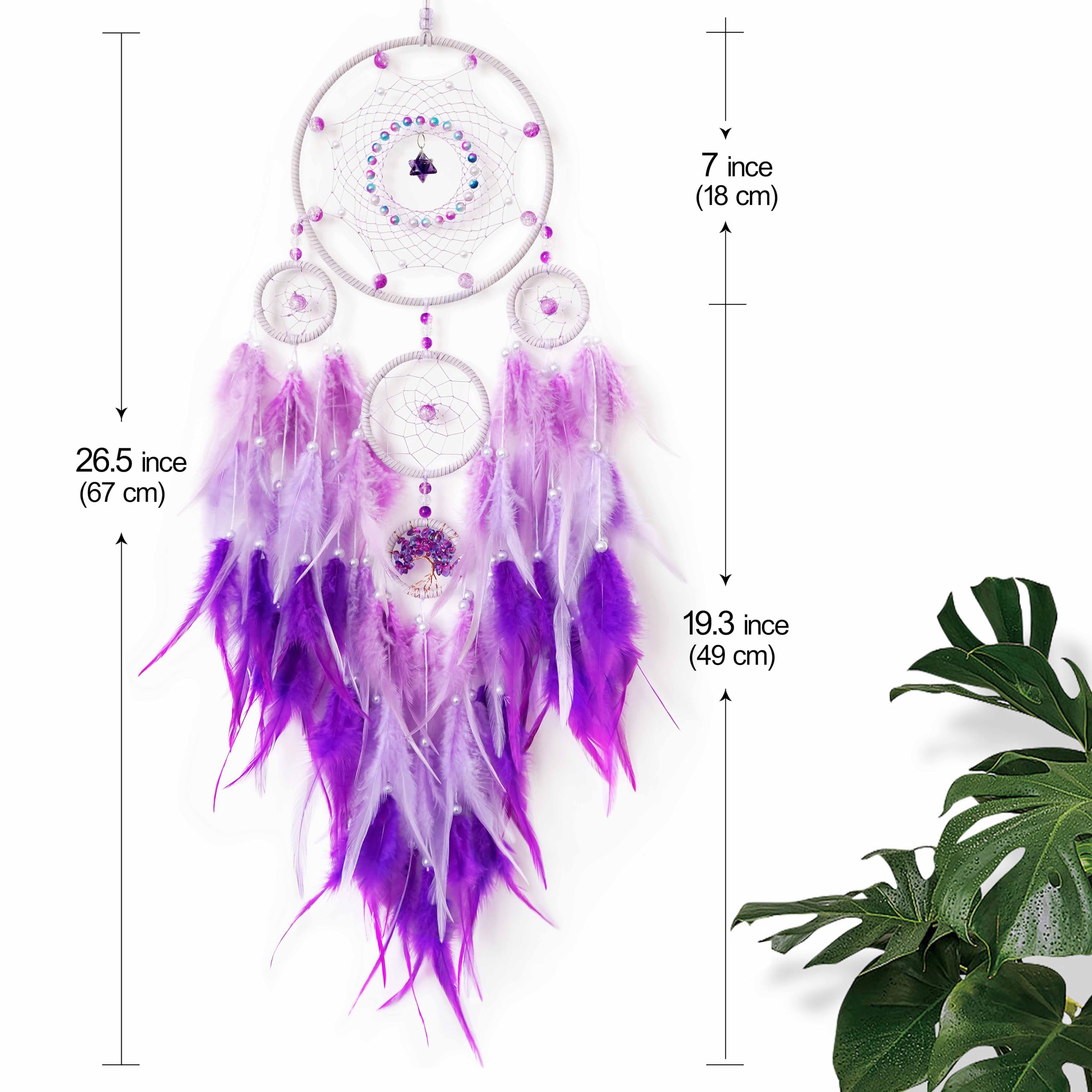 Traumfänger, großer Traumfänger, Baum des Lebens, Wanddekoration, für Erwachsene, lila, Boho-Traumfänger, Wanddekoration mit Edelstein, Hängeornament, Mädchen, Wohnheim, Raumdekoration