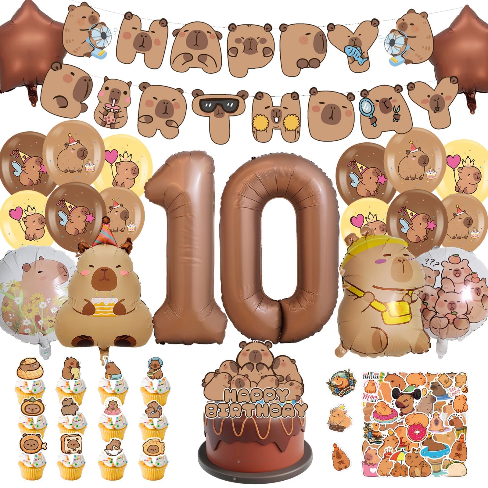 AUNGKWANG Capybara Birthday Decoration 1-12 Years Boy Girl 100 Pieces Capybara Decoration Birthday Set with Balloons Banner Cake Decoration and Stickers for Children's Birthday Party Decoration