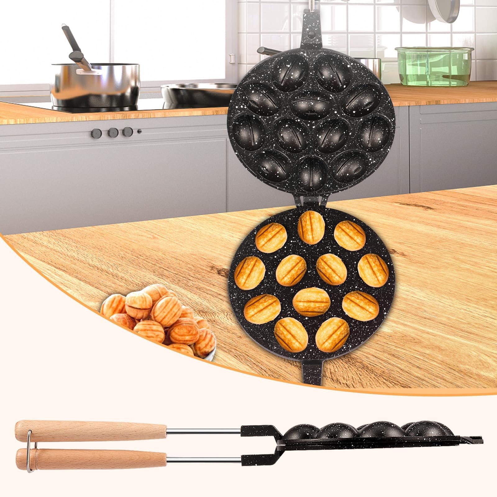 Walnut Cookie Mold Maker 12 Holes Non-Stick Walnut Cookie Presses with Wood Handle Versatile Metal Nut Cookies Maker Oven Cookies Makers for Dessert Nuts Oreshki Molding Baking(black)