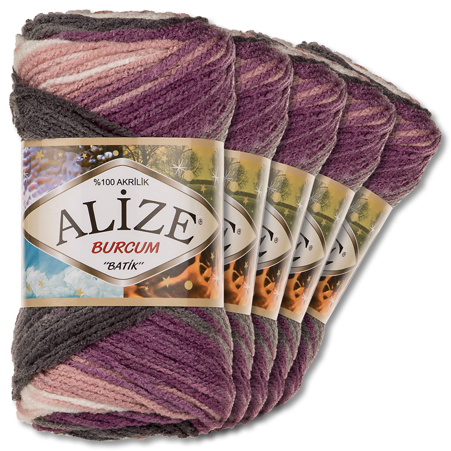 Alize 5 x 100 g Balls of Burcum Batik Premium Wool, 100% Acrylic, 29 Colours, Colour Gradient Accents, Crochet Knitting, Clothing (1986)