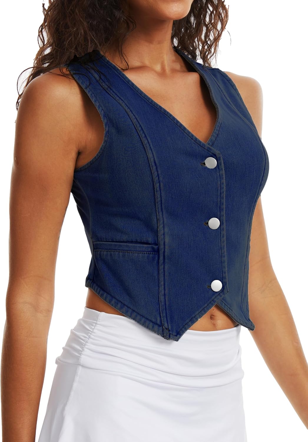 Denim Vest Women Cropped Jean Vest Button Down Sleeveless V Neck Summer Top