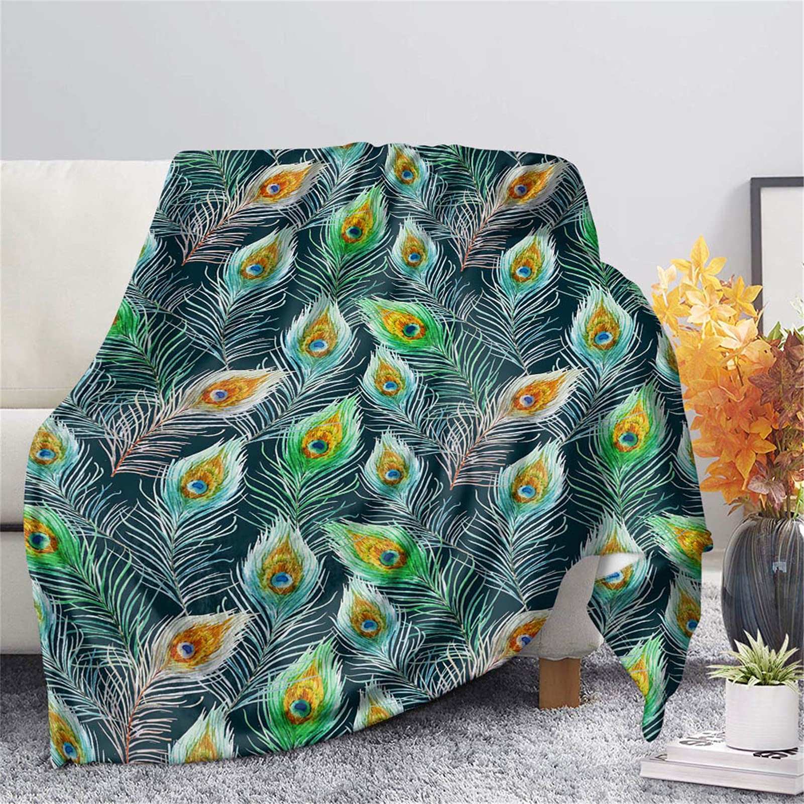 HUGS IDEA Peacock Feather Pattern Blanket, Funny Flannel Shaggy Throws All Season Green Blankets for Women Men Home Office Camping Blanket All Season-XL — image 1