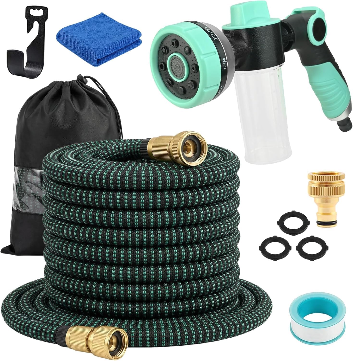 Expandable Garden Hose Pipe - 100FT Flexible Expandable Water Hose with 10-Function Spray Gun, with 3/4", 1/2" Solid Brass Fittings Durable Latex Retractable No-Kink Hose Pipe for Outdoor Pet Bathing