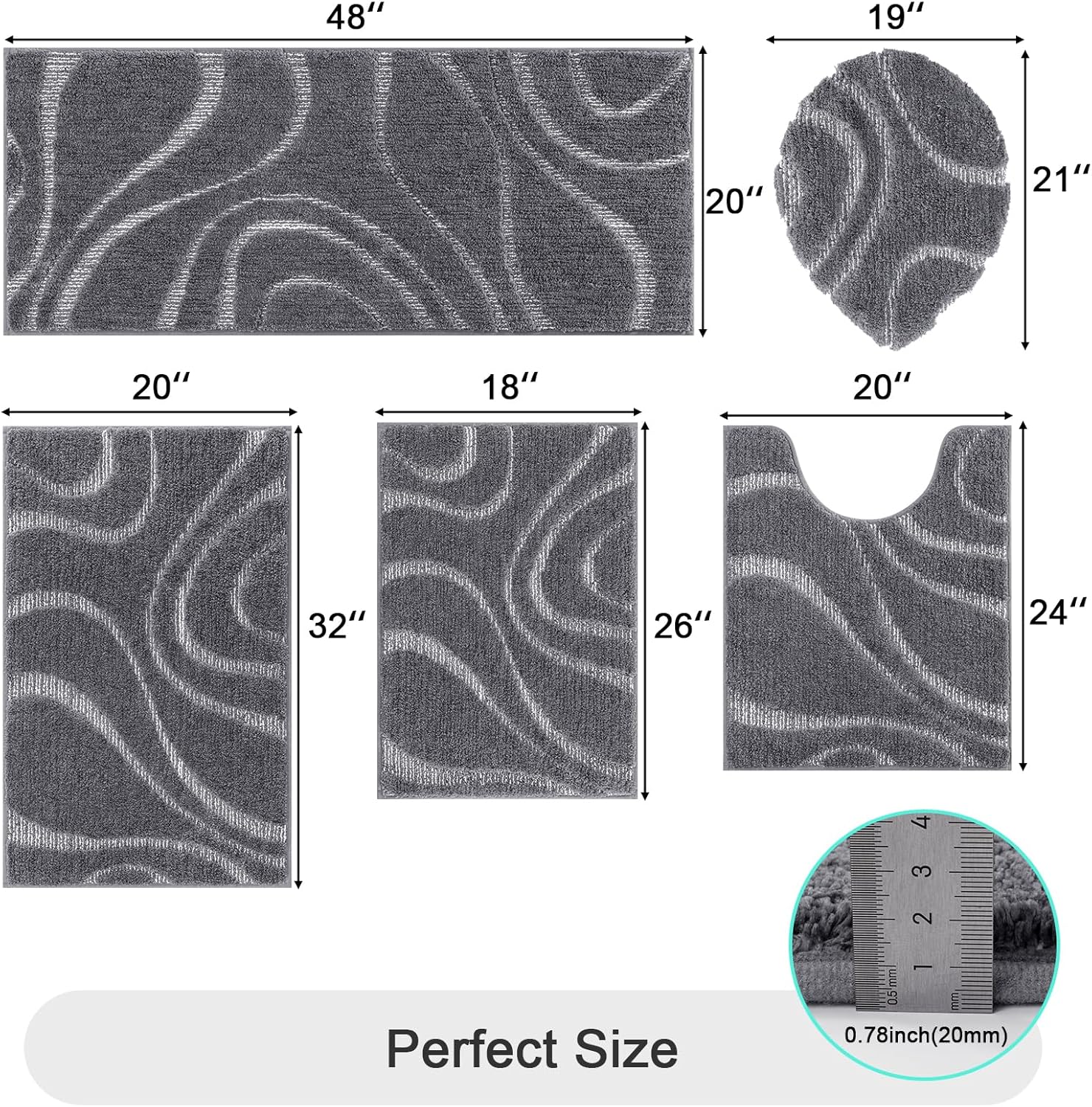 HEBE Bathroom Rugs Sets 5 Piece, Soft Absorbent Microfiber Bath Mat for Bathroom, Non Slip Washable Bath Rug Set with Toilet Cover, Bath Runner and U-Shaped Contour Toilet Rug, Stone Grey