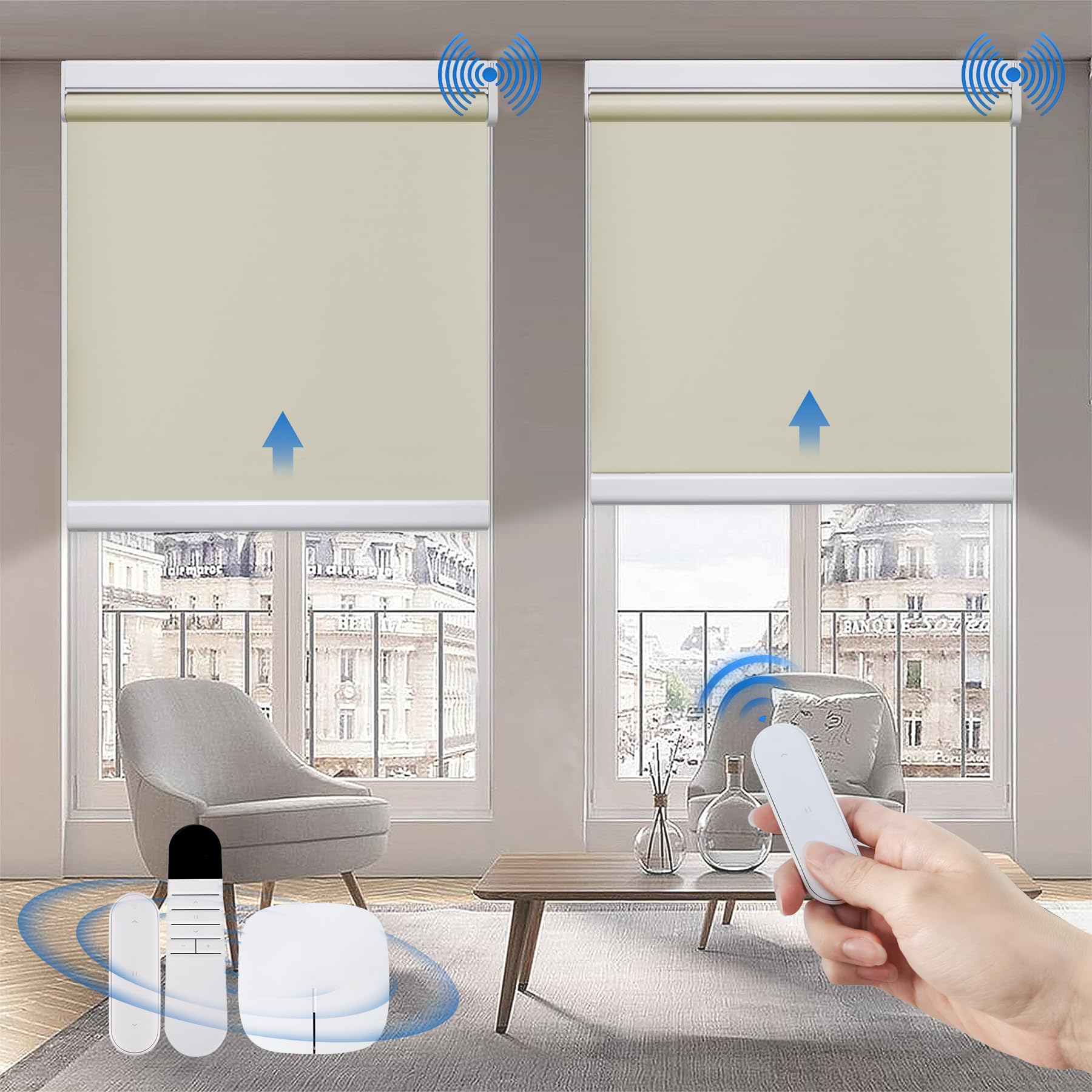 Grandekor Motorized Blinds with Remote Control, Blackout Roller Shade Electric Shades Cordless Smart Blinds for Bedroom Living Room Office,Cream,W23xH72