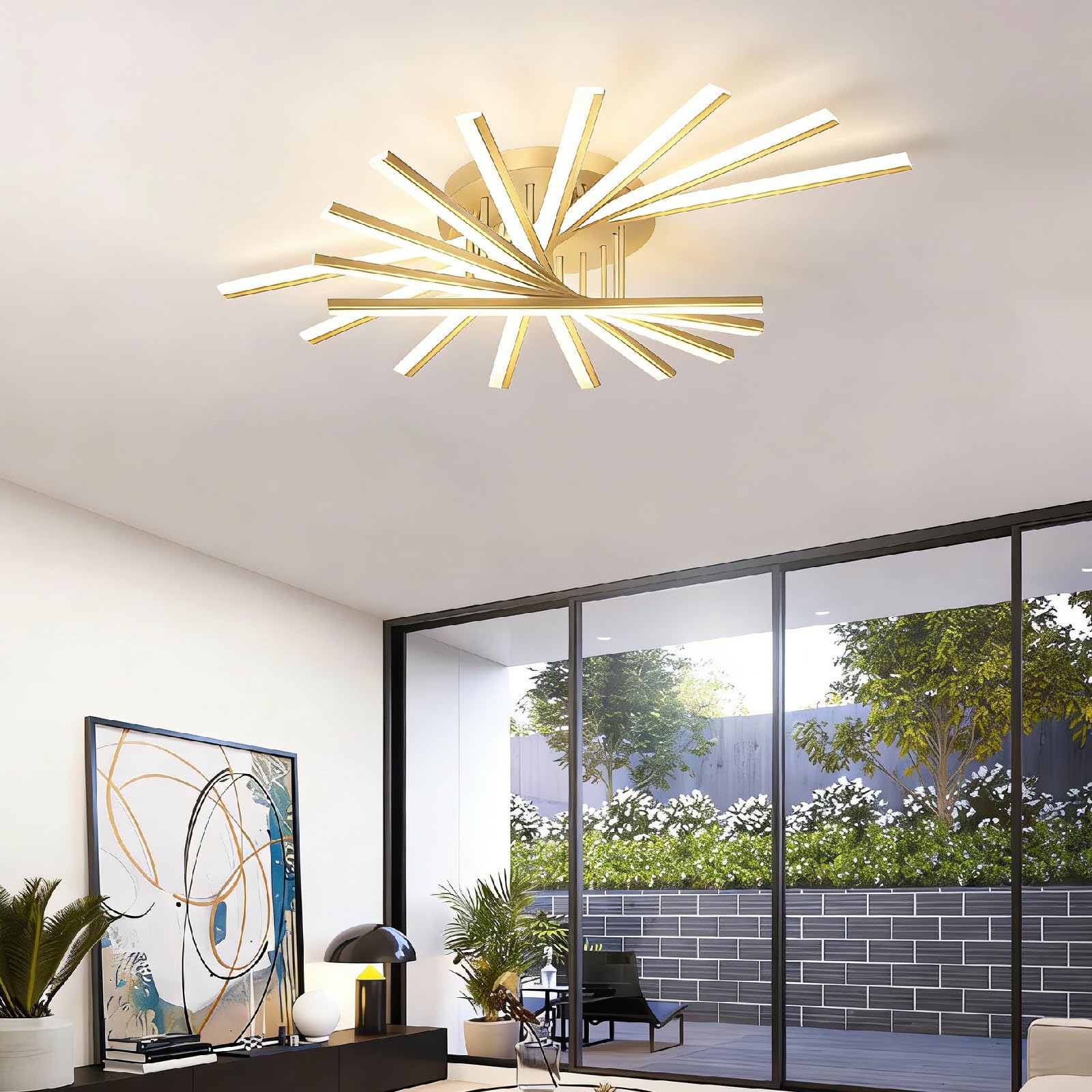 Plafones 7/9 cabezas Negro Y Oro Led Plafones Flush Mount Lámpara de Techo Blanco Regulable con Mando a Distancia para Dormitorio Salón Oficina (Oro, 120CM)