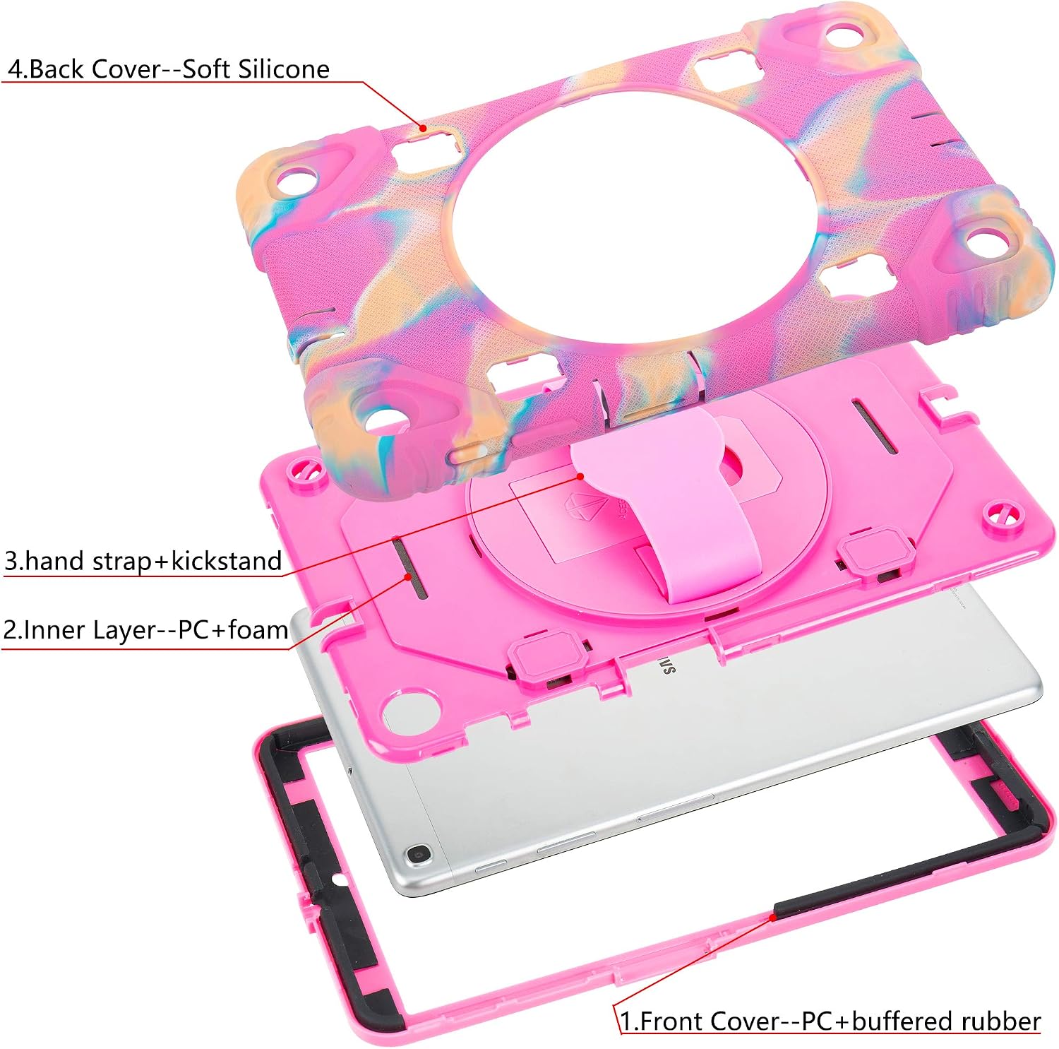 Samsung Galaxy Tab A 10.1 Case 2019,Protective Shockproof Silicone Tablet Case with Ajustable Kickstand and 360 Rotating Handstrap-Camo/Pink