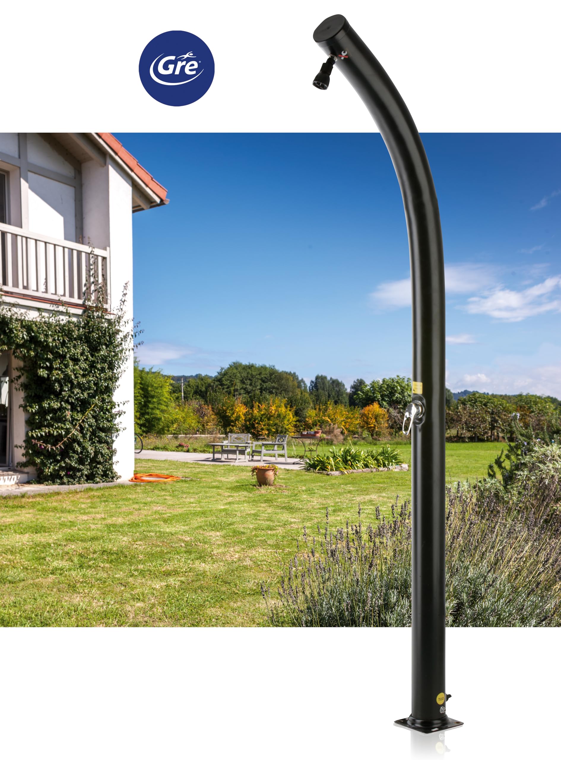 Gre AR10250. - Doccia solare da esterno per piscine. Doccia da giardino in PVC, curva, nera, capacità di 25 litri.