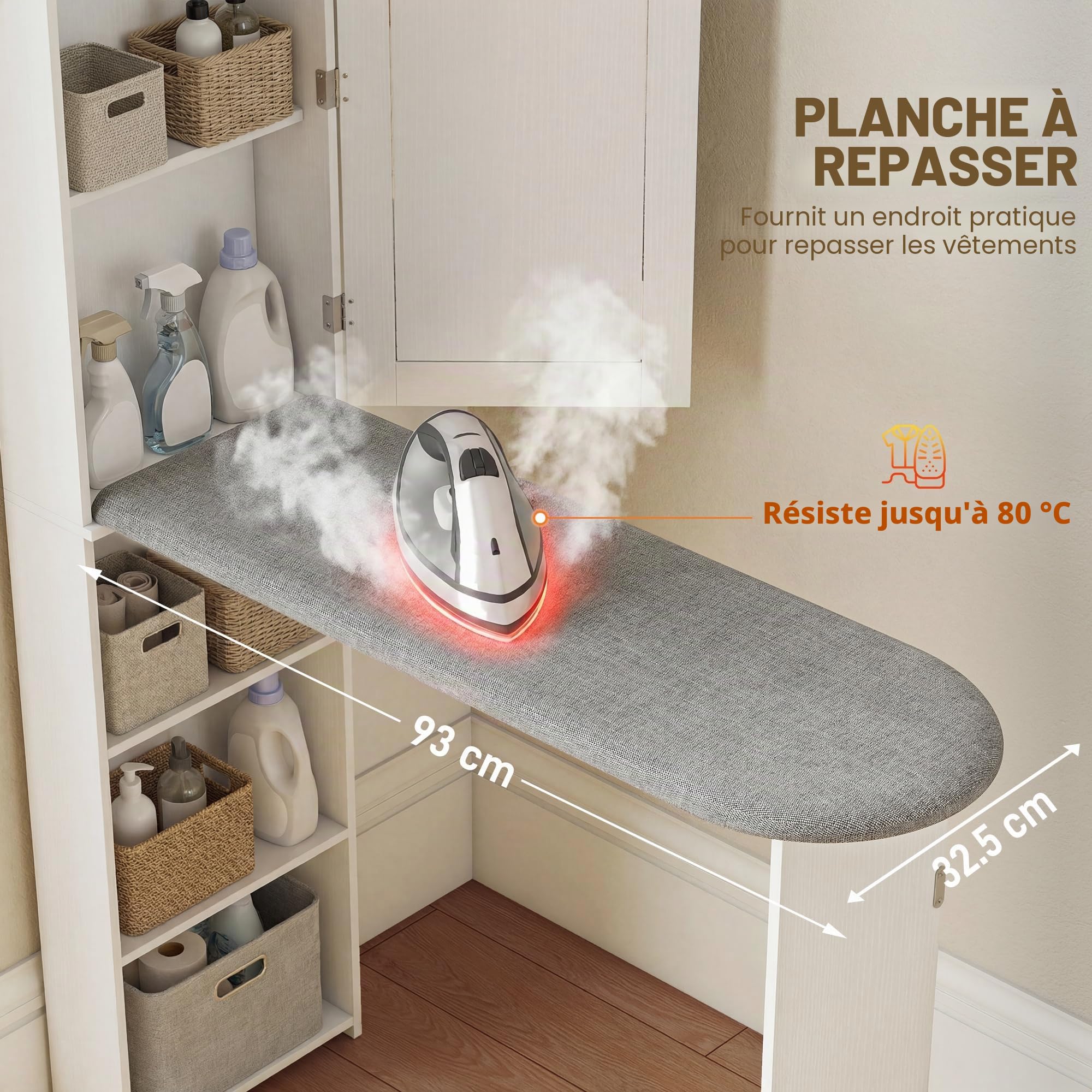HOMCOM Table à repasser pliable peu encombrante avec miroir, meuble à repasser multifonction avec 6 compartiments, 2 crochets, pour buanderie, salle de bain, 107 x 35 x 174 cm, blanc