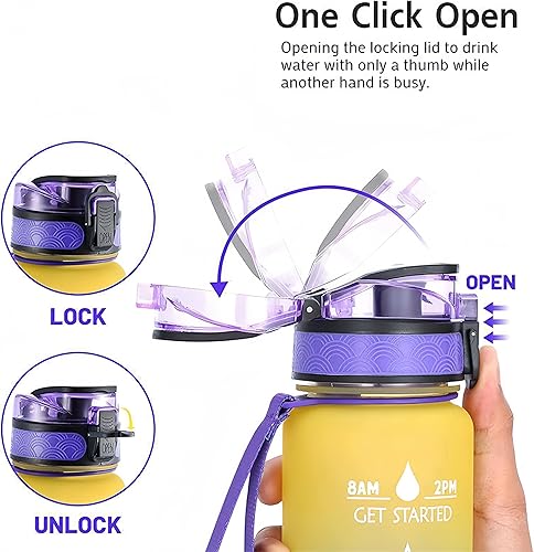 Miniatura 4 de Botella de agua de 33.8 fl oz, a prueba de fugas, libre de BPA y tóxicos, botella deportiva motivacional con tiempos para beber y pajita, fitness
