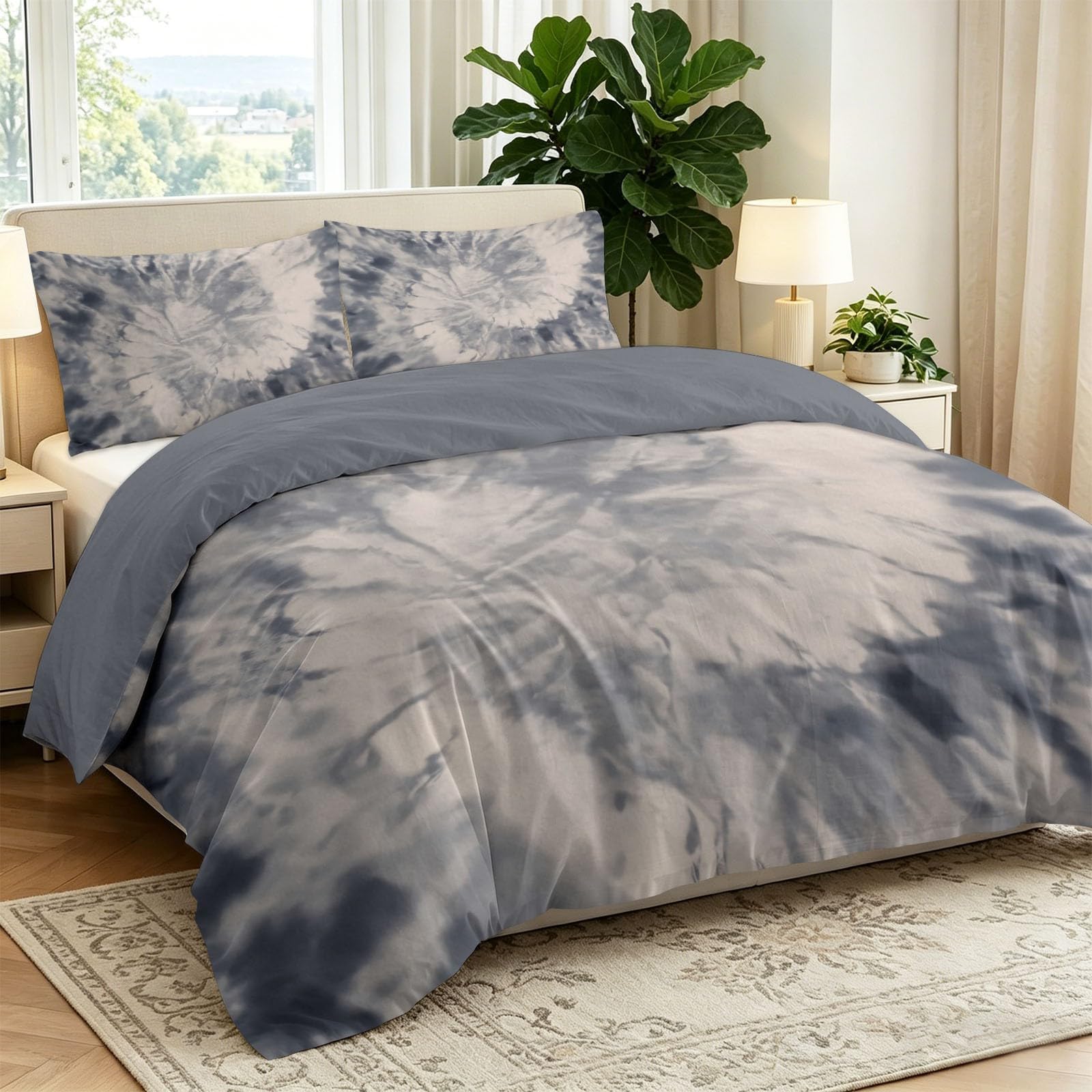 Modna pościel w stylu boho, 155 x 220 cm, pościel dwustronna, szara, modna, batikowa tekstura, z nadrukiem, zestawy pościeli z mikrofibry, z zamkiem błyskawicznym i 1 poszewką na poduszkę 80 x 82 cm