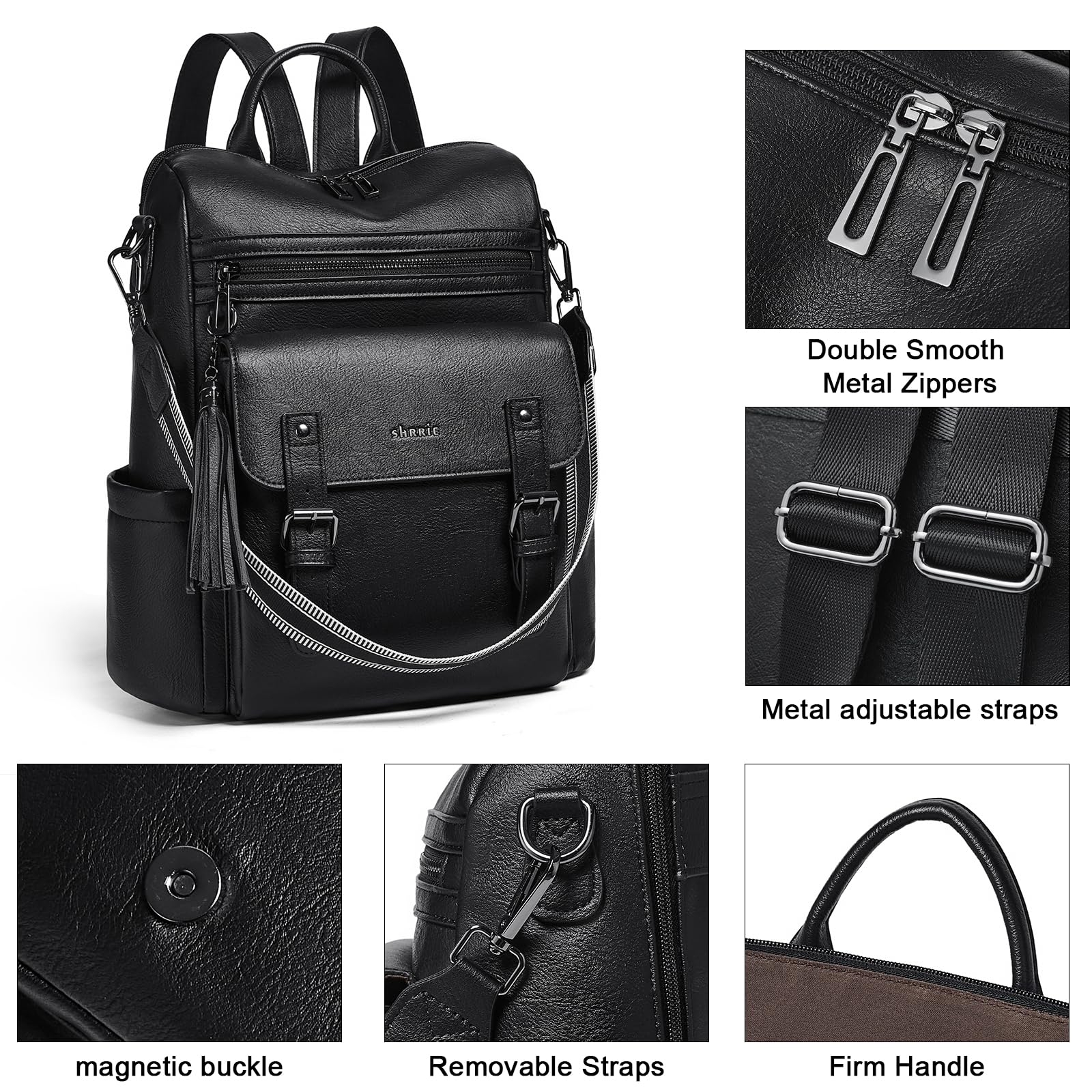 Shrrie Sac a Dos Femme en Cuir Vegan,Sacs à Main Portés Dos Antivol Imperméable Elegant Leger,Sacs à Dos Cartable avec Sangle de Guitare Amovible,Backpack Casual pour Voyage Travail Loisirs