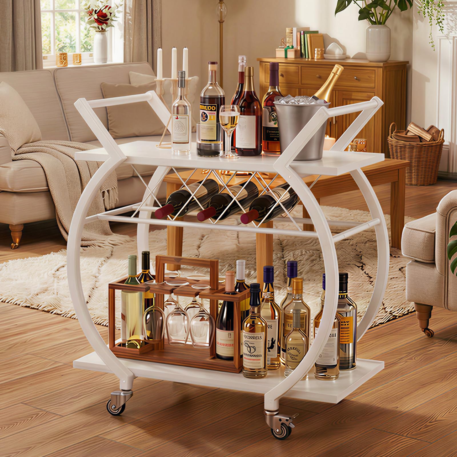 LVB White Bar Cart, Modern Rolling Serving Wine Cart with Storage for Home