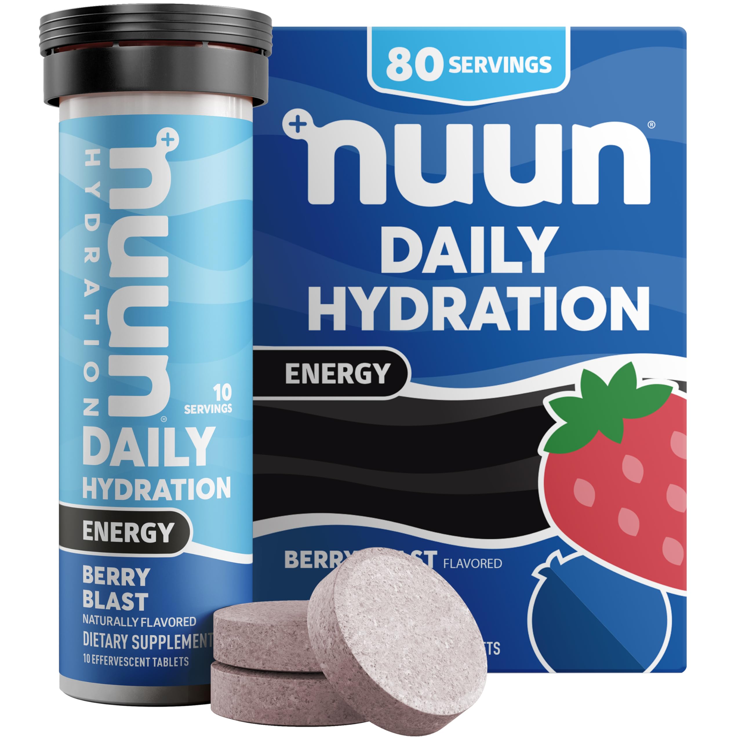 Nuun Energy Electrolyte Tablets with Ginseng, Caffeine from Green Tea Extract, Vitamin B12, B6, B5, Magnesium & 4 Other Electrolytes, Gluten Free & Vegan, Berry Blast, 8 Pack (80 Servings Total)