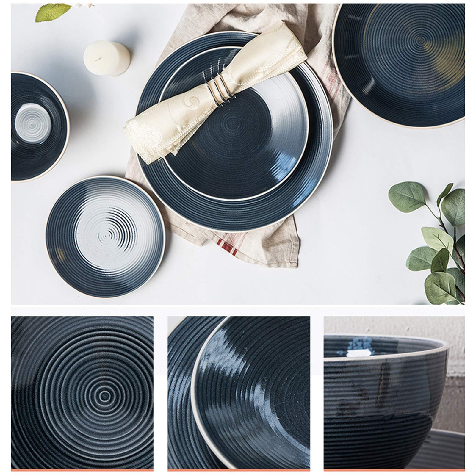 Service de Table, Service de Table en céramique, 18 pièces, Ensemble de Vaisselle en Porcelaine avec Fil en Relief, Bols à céréales Peints à la Main et Assiette(
