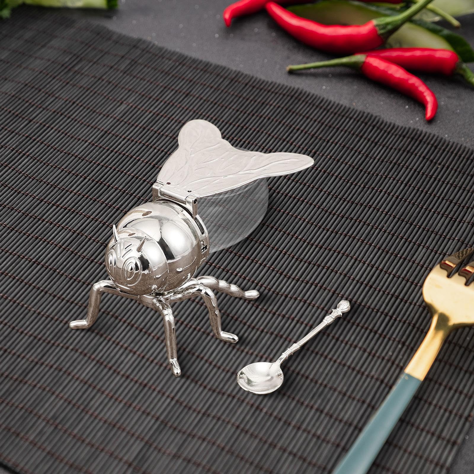 Tarro de Miel Azucarero de Vidrio Dispensador Y Bote para Condimentos con Diseño Elegante de Incluye Tapa Antipolvo Adecuado para El Hogar Y Fi, Cola de Abeja Plateada, Individual