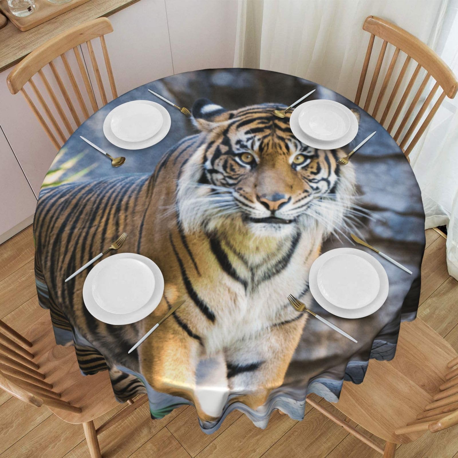 DCEHGEW 60 In Round Tablecloth with Lace, Tiger in the zoo Printed Oilproof & Washable Fabric Picnic Table Cloth Table Covers