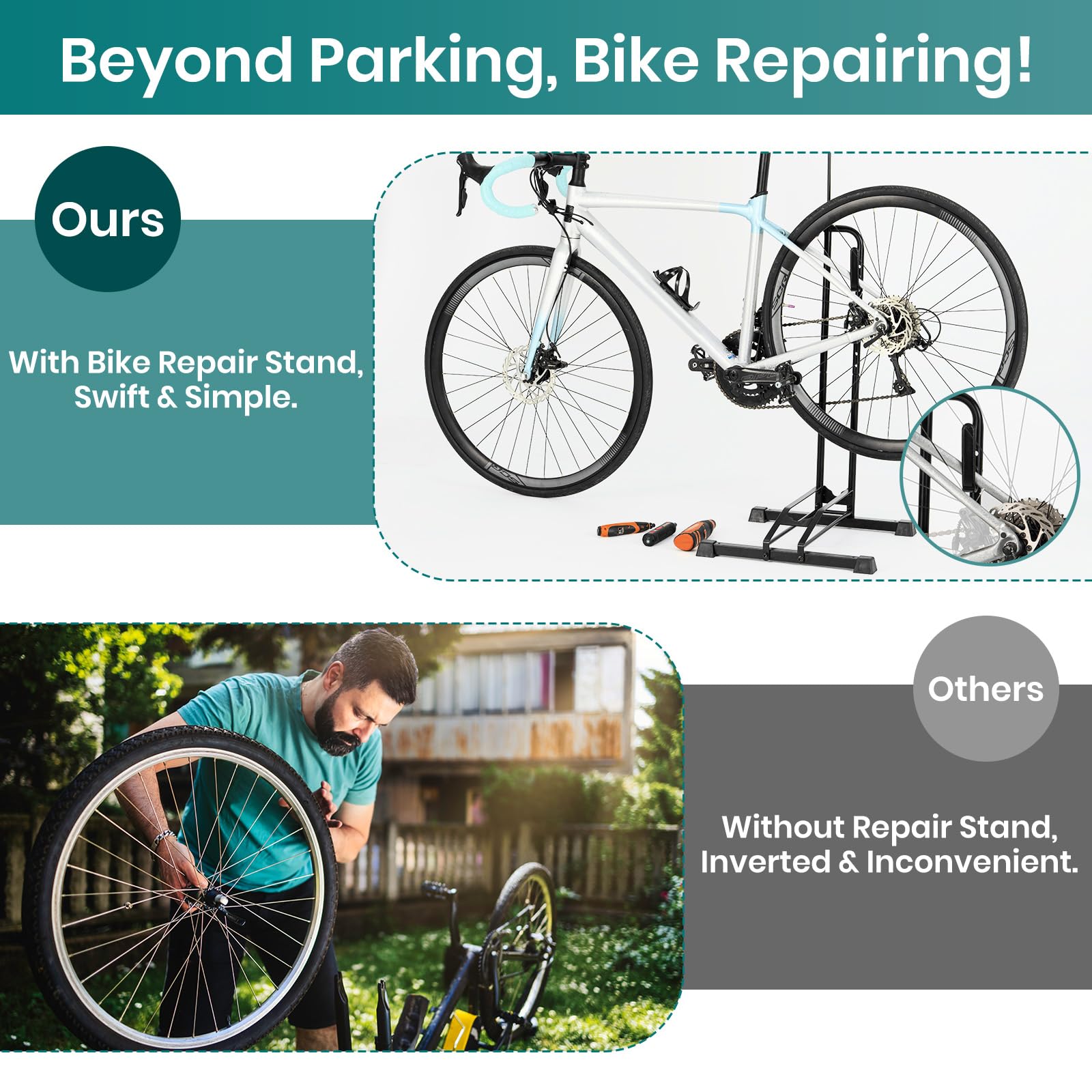 Favoto Support au Sol pour Vélo - Porte-Vélo de Stationnement Intérieur Extérieur Réglable en Hauteur pour Vélos de 20 à 29 Pouces VTT et Vélo de Route 3-en-1 Noir