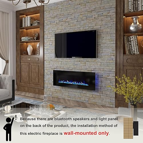 Miniatura 4 de Chimenea eléctrica de 50 pulgadas con altavoces Bluetooth montada en la pared de bajo ruido ultra fina chimenea lineal ajustable 8 colores de llama,