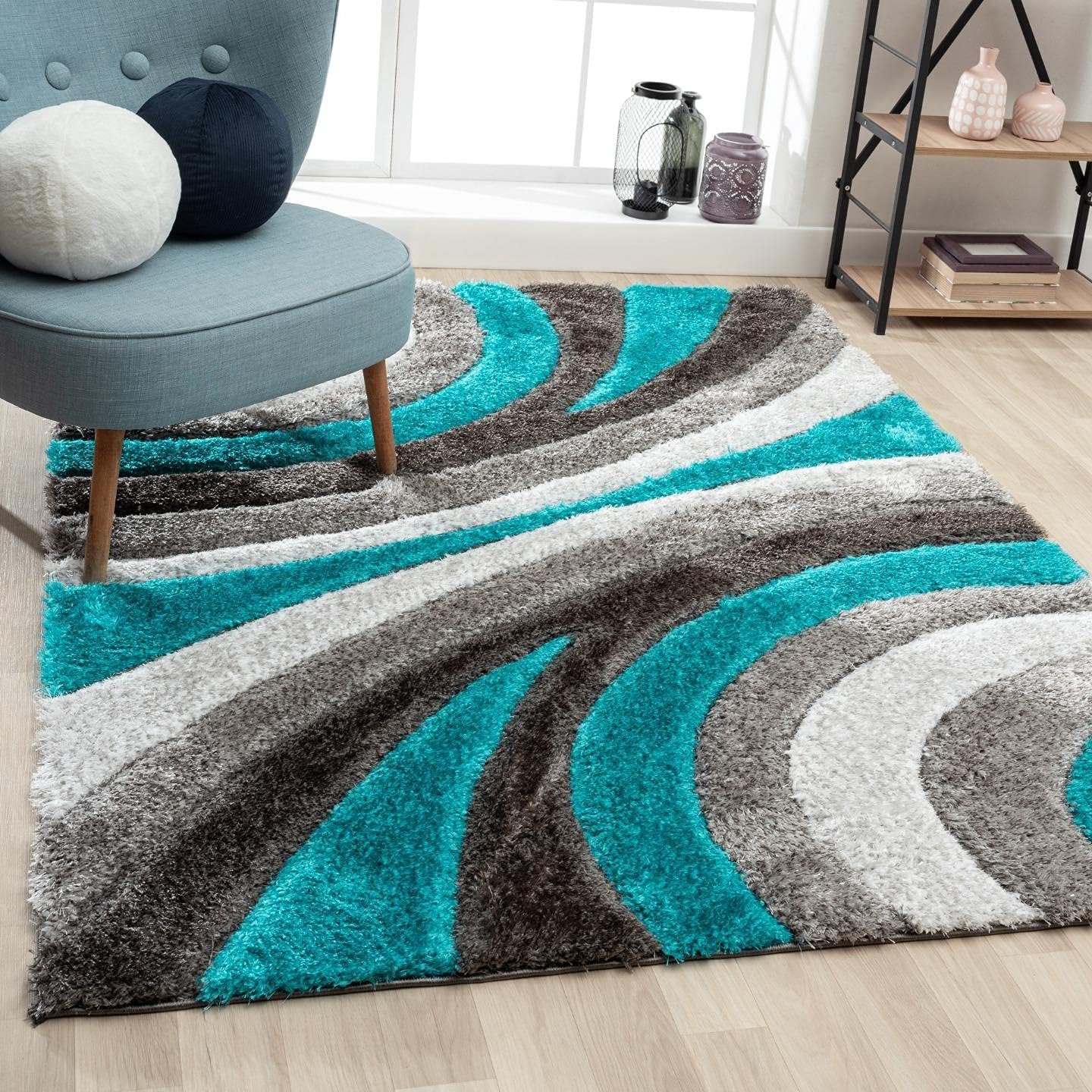 LUXE WEAVERS Lantanas Collection 7070 Turquoise 5x7 Modern Shag Geometric Area Rug 5' x 7' Turquoise