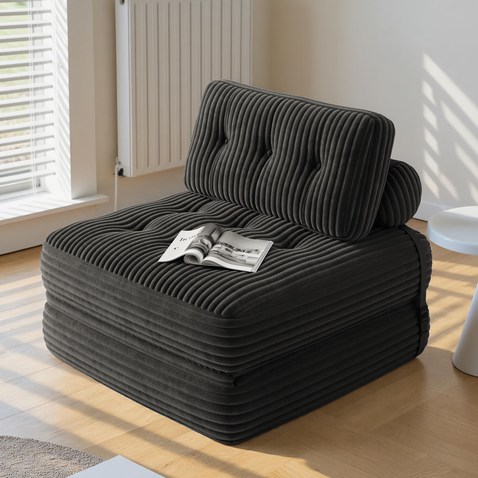 Xbro Składana sofa rozkładana z oparciem, przenośny fotel rozkładany w łóżku 2 w 1 do małych przestrzeni, sztruksowa tkanina z wypełnieniem piankowym, 190 x 85 cm rozłożony (czarny)