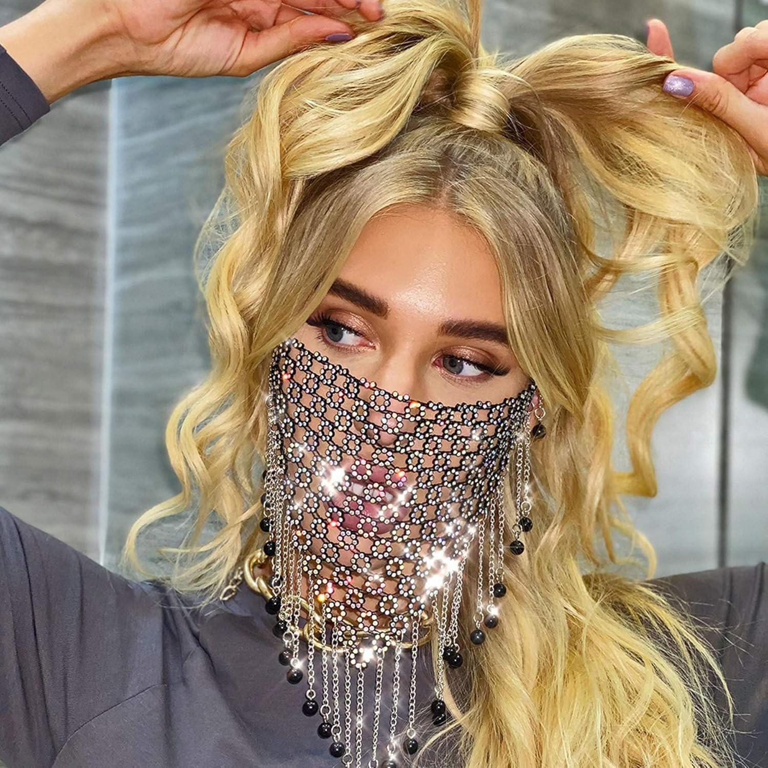 Zariocy Sparkly Rhinestone Face Mask Cover Fashion Bohemian Tassel Crystal Diamond Chain Necklace, for Women and Girls Masquerade Cloth Party Venetian Carnival Jewelry Decoration (Black)