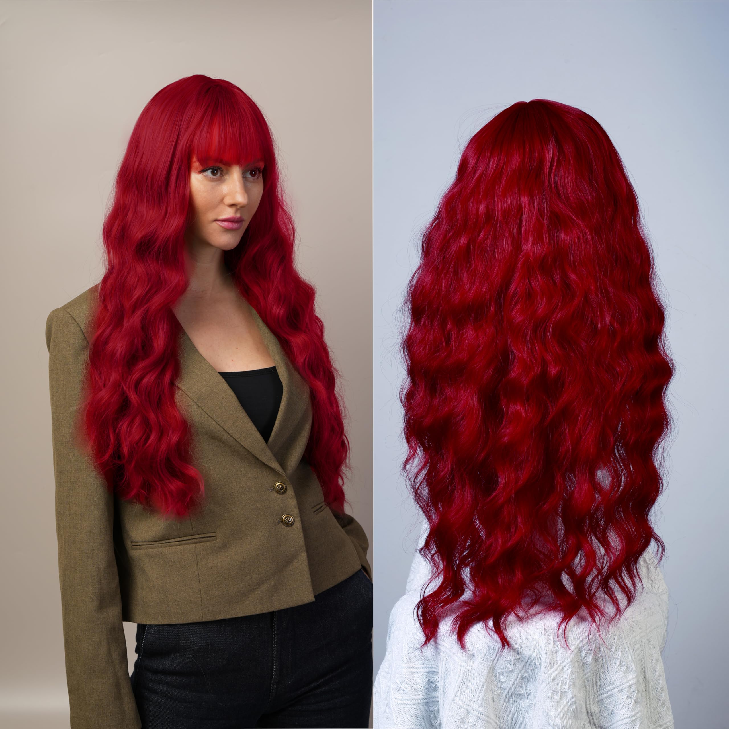 Stylophyx Women's Curly Wig with Bangs Exclusively Designed for Women, Synthetic Hair Strands, Ideal for Role playing and Parties (Comes with Wig Cap) 31 Inches: Red