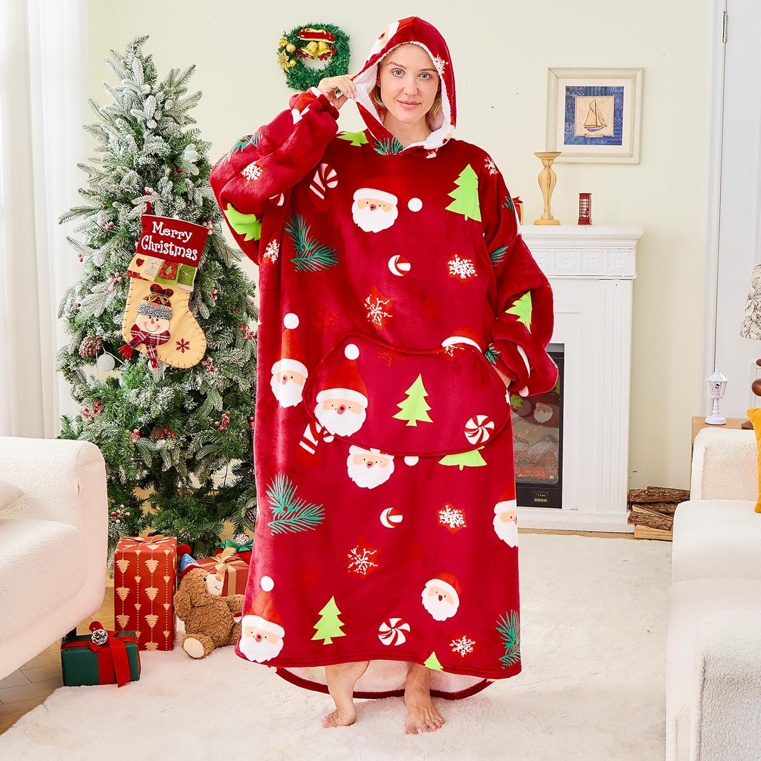 Moinlizy Wearable Blanket Hoodie, Long Thick Hooded Blanket Oversized for Adults Women Men with Pocket and Sleeves - Image 2