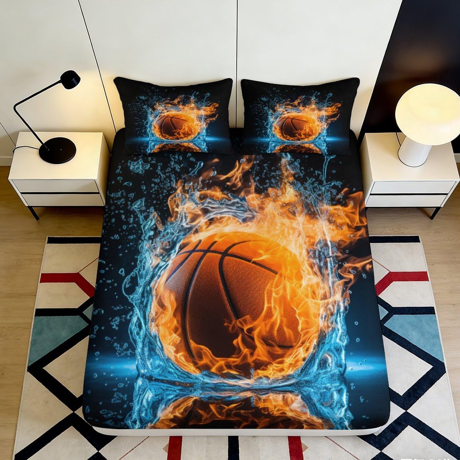 3D Printed Fiery Basketball Fitted Sheet Microfiber Durable Breathable Flaming Sports Bed Cover for Bedroom Dormitory Guest Room Mattress Protection 180x200x25cm