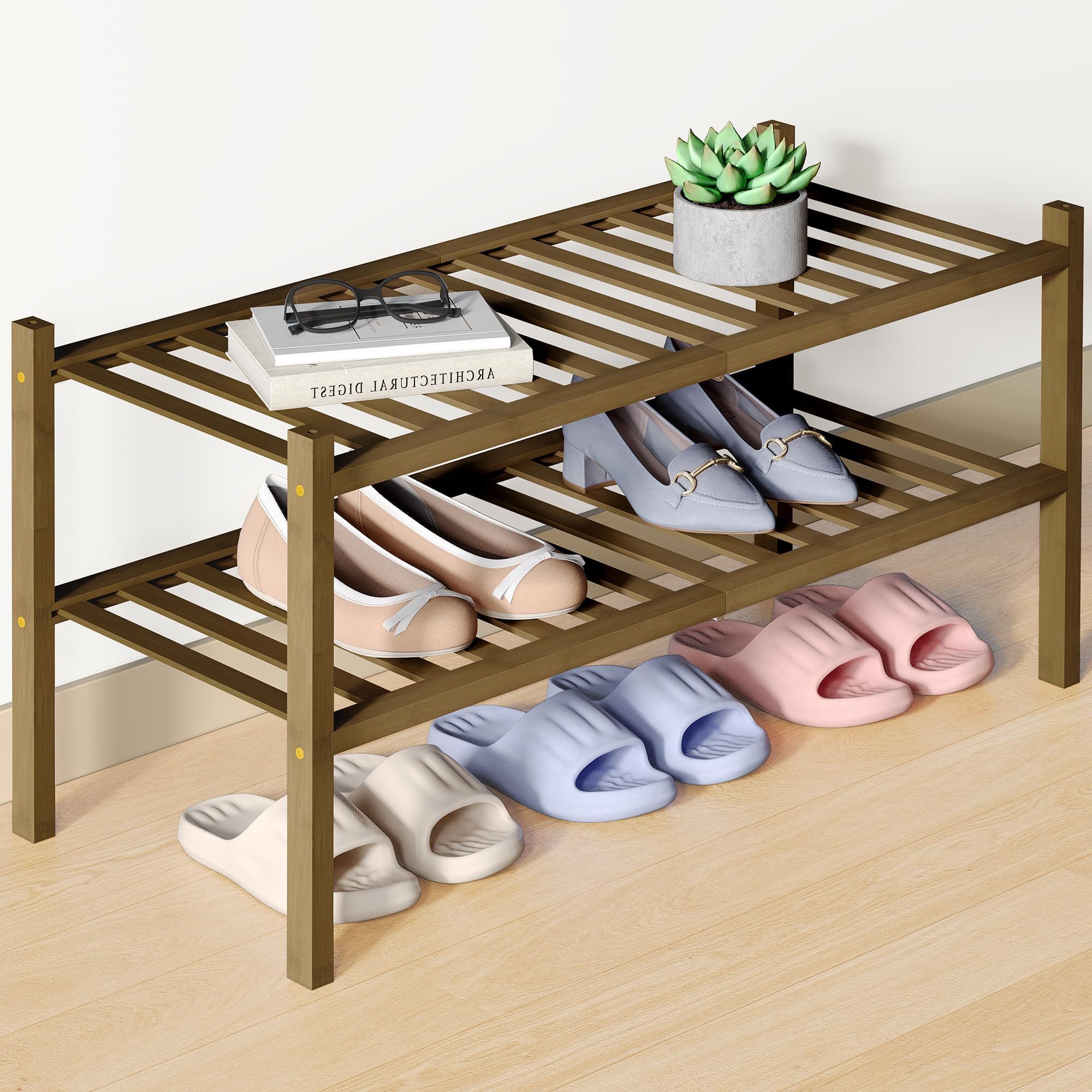 smiry Natural Bamboo Shoe Rack, 2 Tier Wooden Stackable Shoe Storage Organiser, Free Standing Shoes Storage Shelf for Entryway, Hallway, Small Spaces, Living Room, Walnut