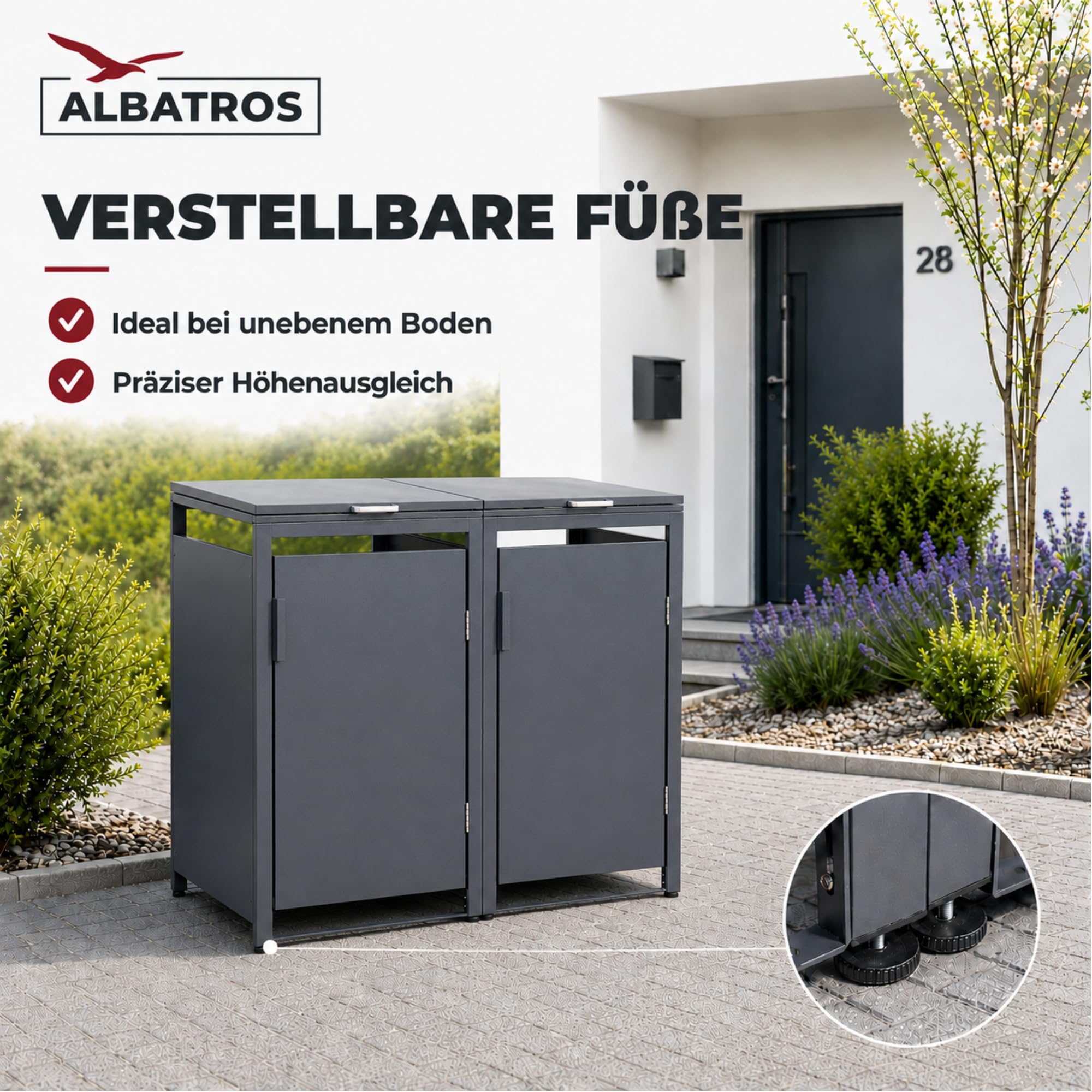 ALBATROS Mülltonnenbox 2er Hauswandversion, 120L bis 240L, für Zwei Tonnen, verzinktes Metall RAL7016 Anthrazit, offene Rückseite, bessere Belüftung, wetterfest, verstellbare Füße