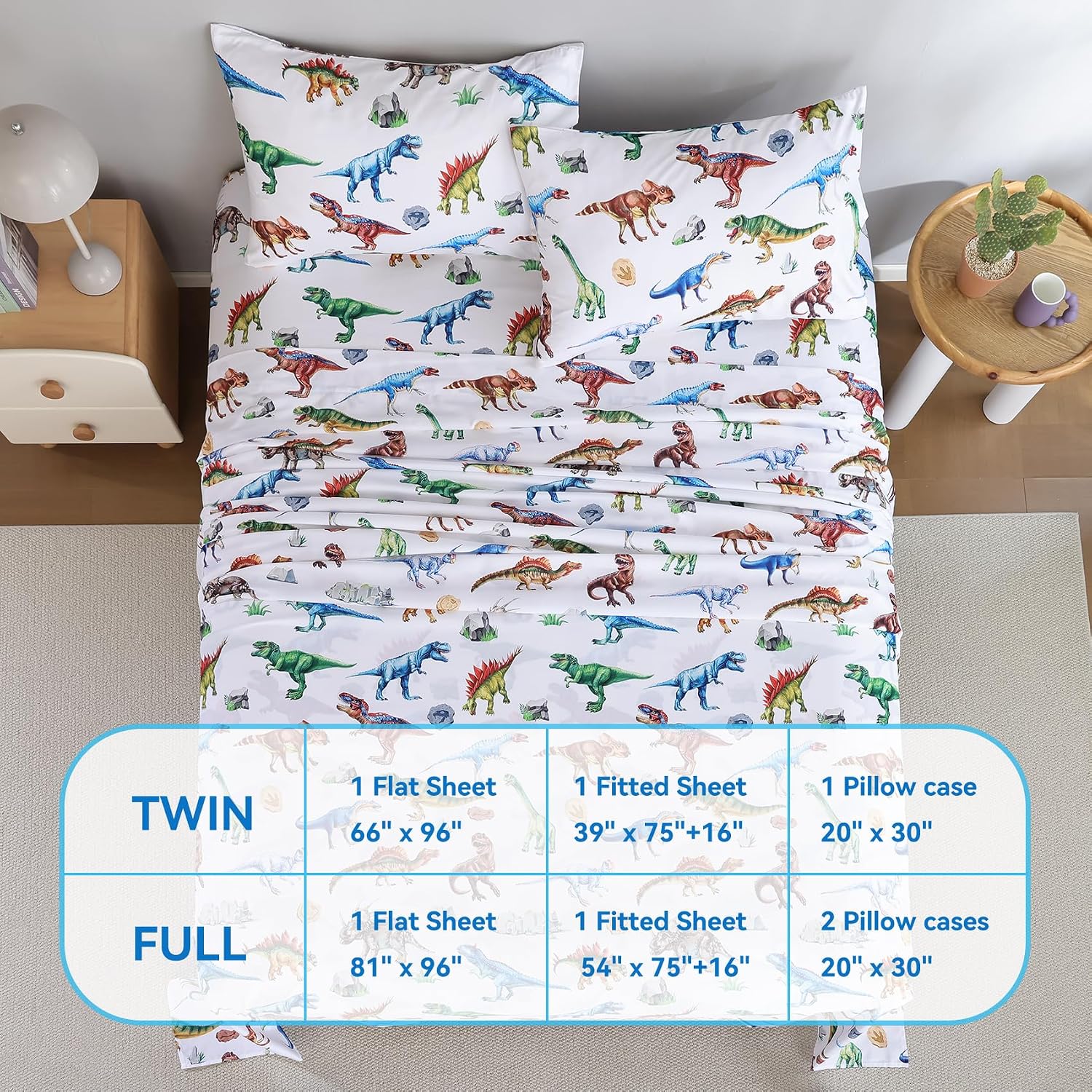 Kids Twin Size Sheet Set for Boys Dinosaur Sheets 3 Pieces Bedding Inclued 1 Fitted Sheet 16" Deep Pocket, 1 Flat Sheet and 1 Pillowcase Soft Breathable Microfiber Bedsheet Decor Bedroom